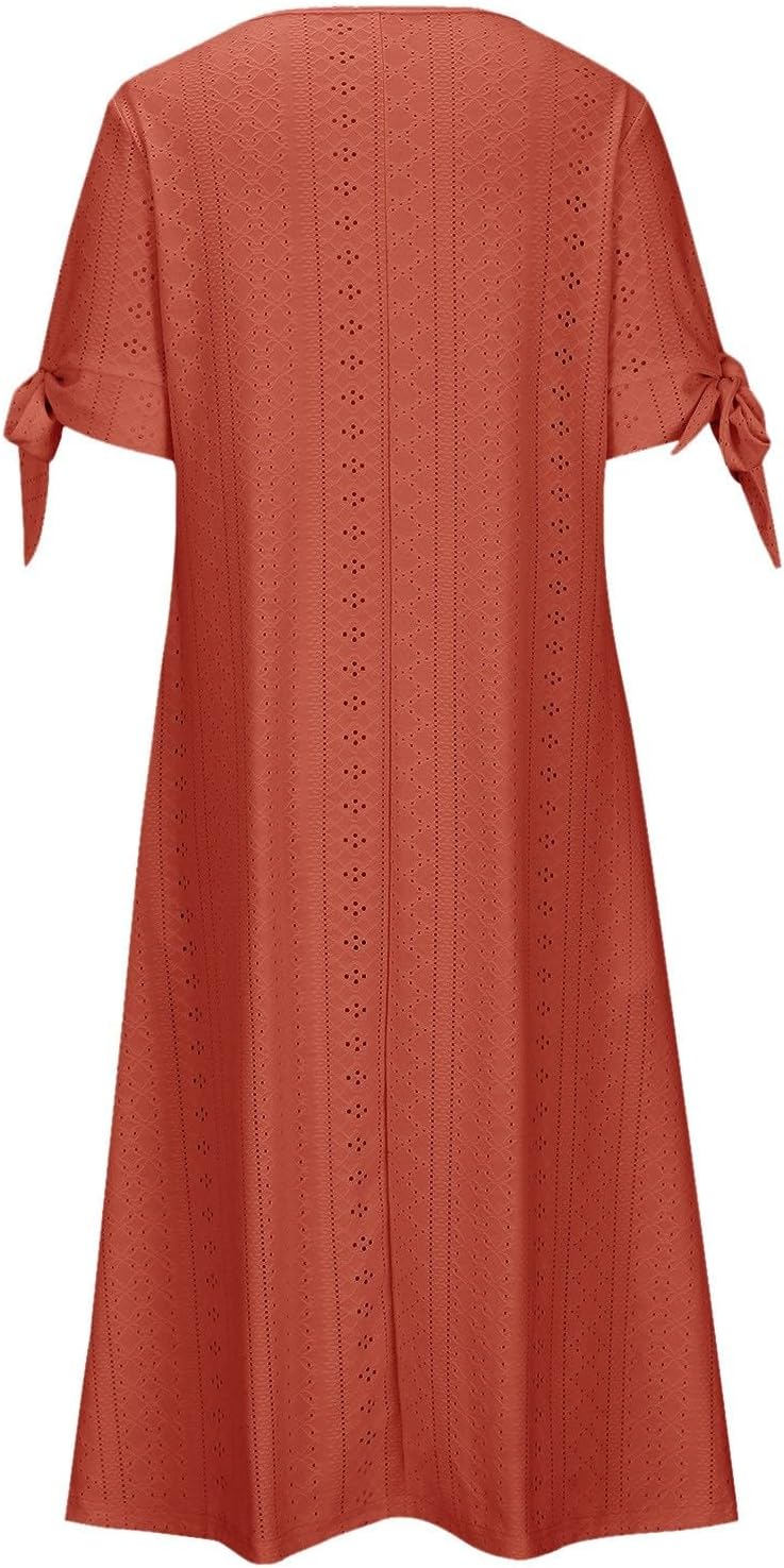 ZYXTIM Womens Eyelet Dress V Neck Short Sleeve Hollow Out Summer Beach Vacation Dresses Swing A Line Vintage Long Dresses