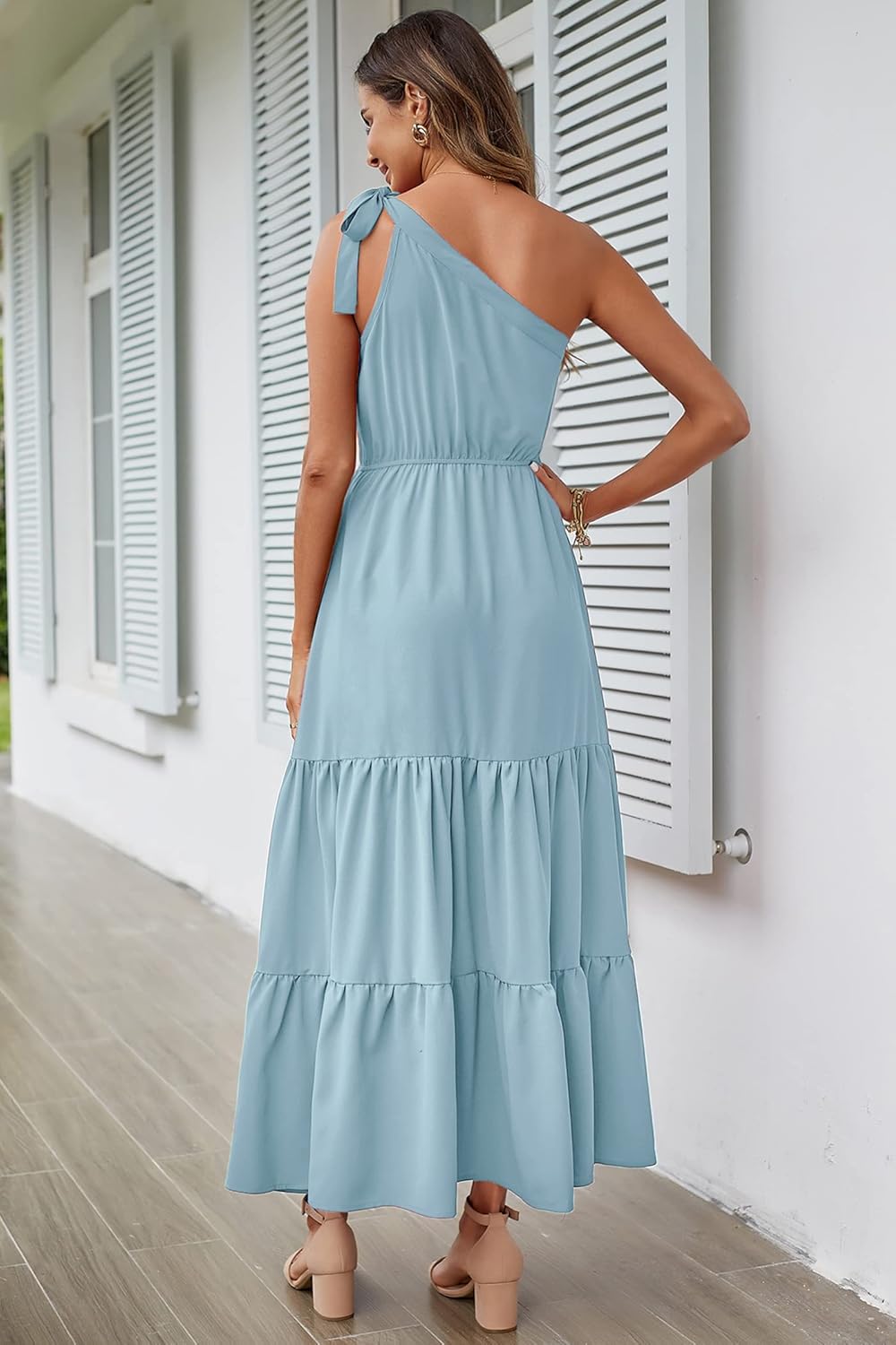 PRETTYGARDEN Women's Summer Floral Maxi Dress Knot One Shoulder Sleeveless Ruffle Flowy Boho Beach Wedding Guest Dresses