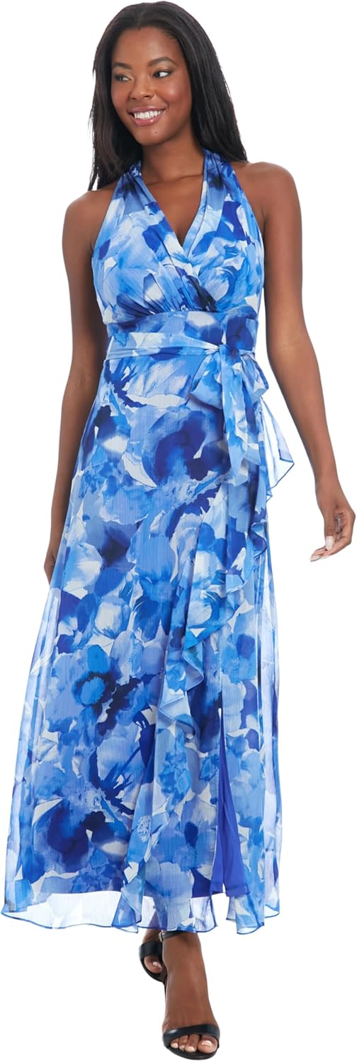 London Times V-Neck Waist Tie Ruffle Cascade Wedding Guest Dresses for Women