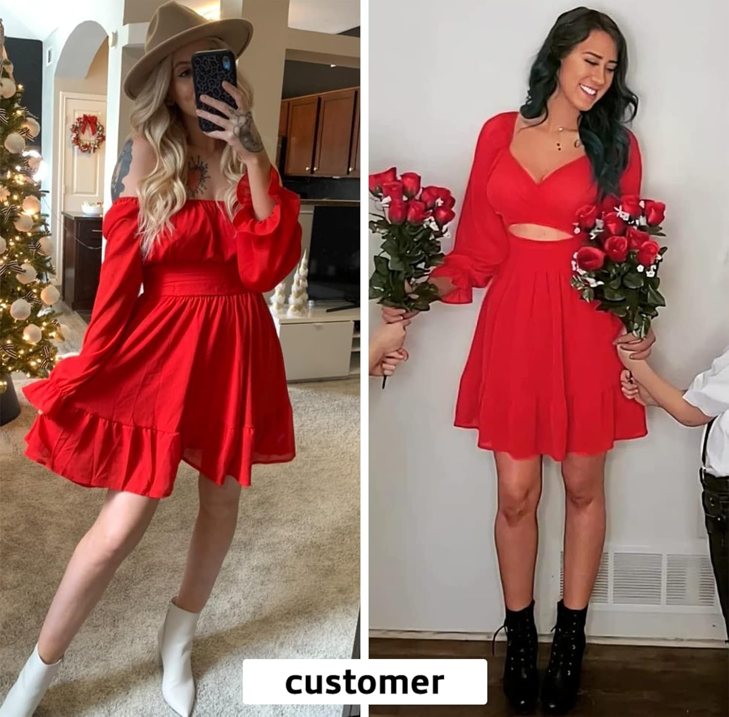 EXLURA Women's 2025 Casual Long Lantern Sleeve Dresses Square Neck Ruffle Tie Back Elastic Waist Aline Short Mini Dress