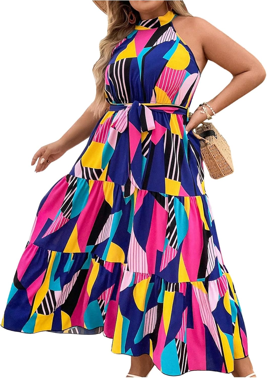 Floerns Women's Plus Size Boho Sleeveless Halter Neck Tie Back A Line Long Dress
