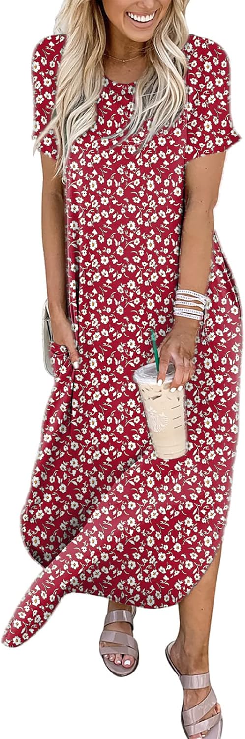 ANRABESS Women's Summer Casual Loose Short Sleeve Long T Shirt Dress Split Maxi Beach Sundress Travel Vacation Outfits
