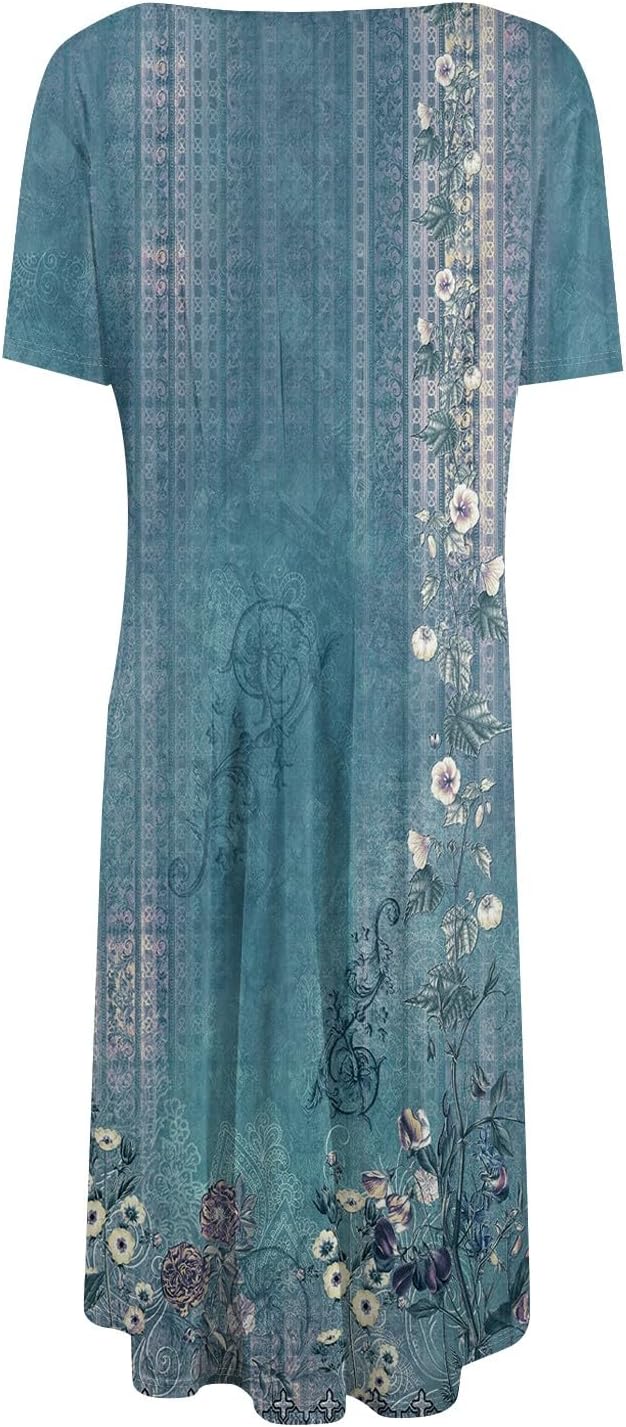 Summer Dresses for Women 2025 Crew Neck Short Sleeve Boho Beach Vacation Floral/Solid Midi Sundresses with Pockets