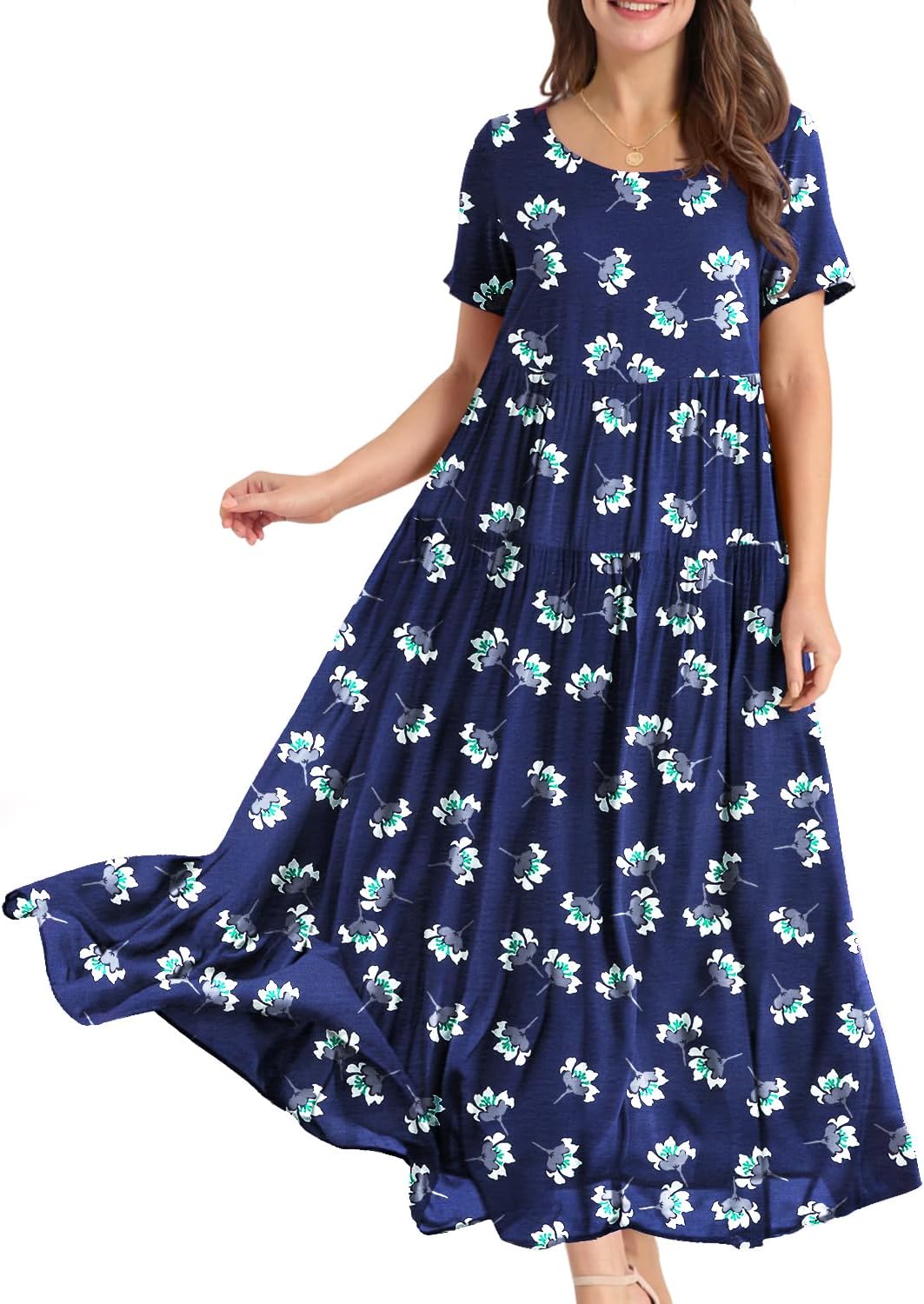 YESNO Women Casual Loose Bohemian Floral Dress with Pockets Short Sleeve Long Maxi Summer Beach Swing Dress EJF