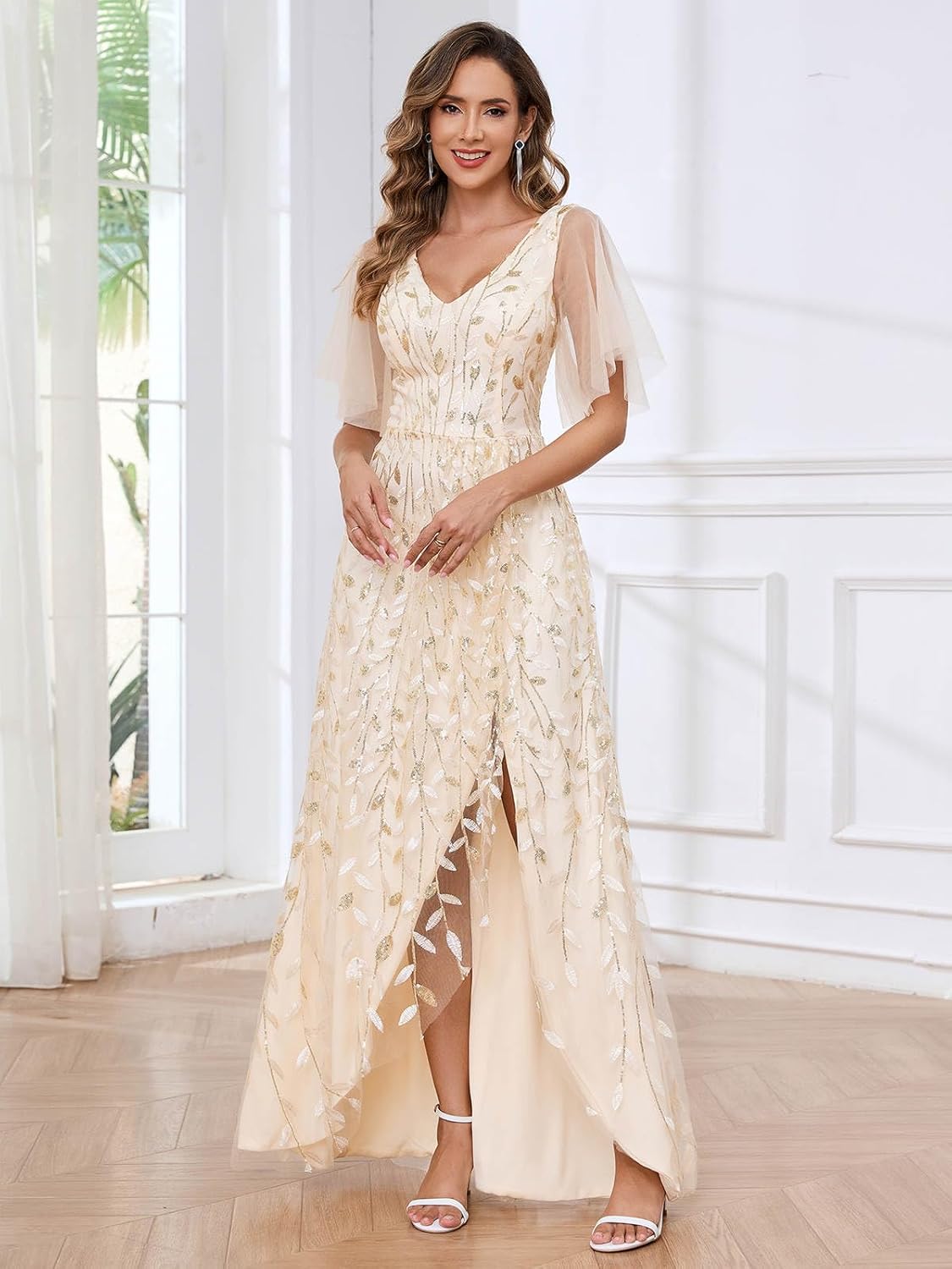Women's Short Sleeve Mother of The Bride Dresses for Wedding Sparkly Sequin Long Formal Evening Dresses