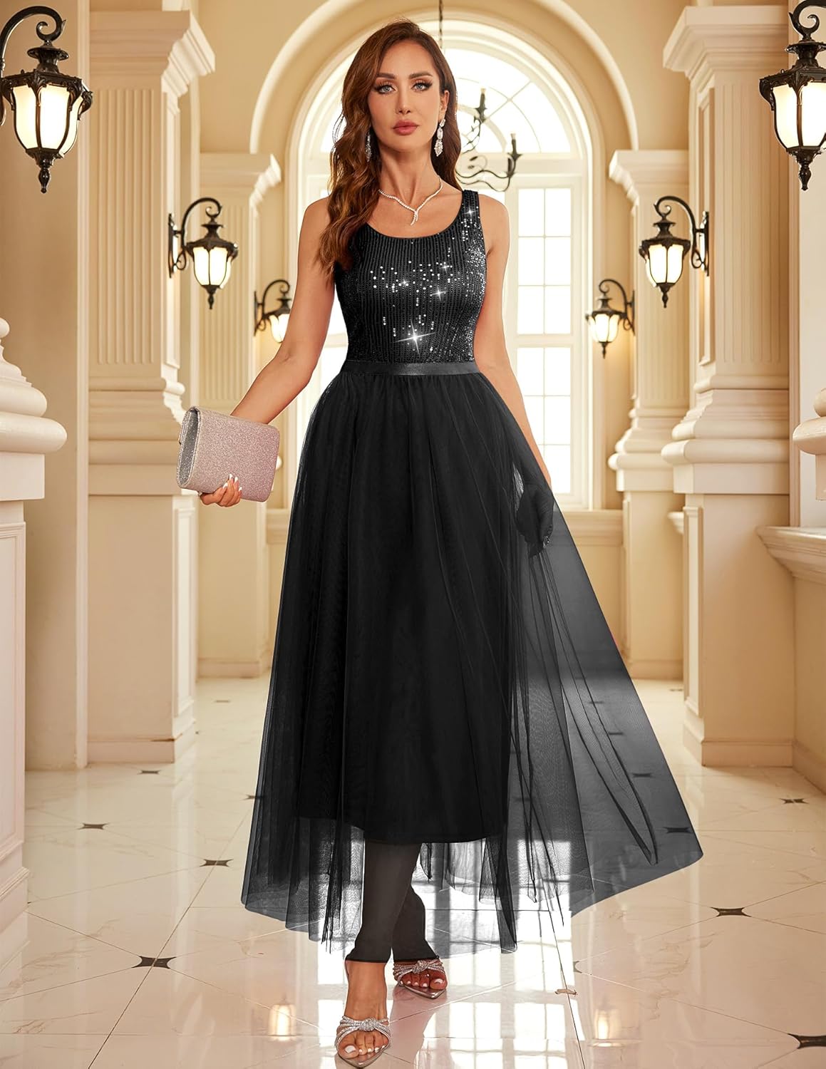 BeryLove Sequin Dress for Woman Vintage A Line Wedding Formal Swing Mesh Dress Sleeveless Cocktail Maxi Gowns