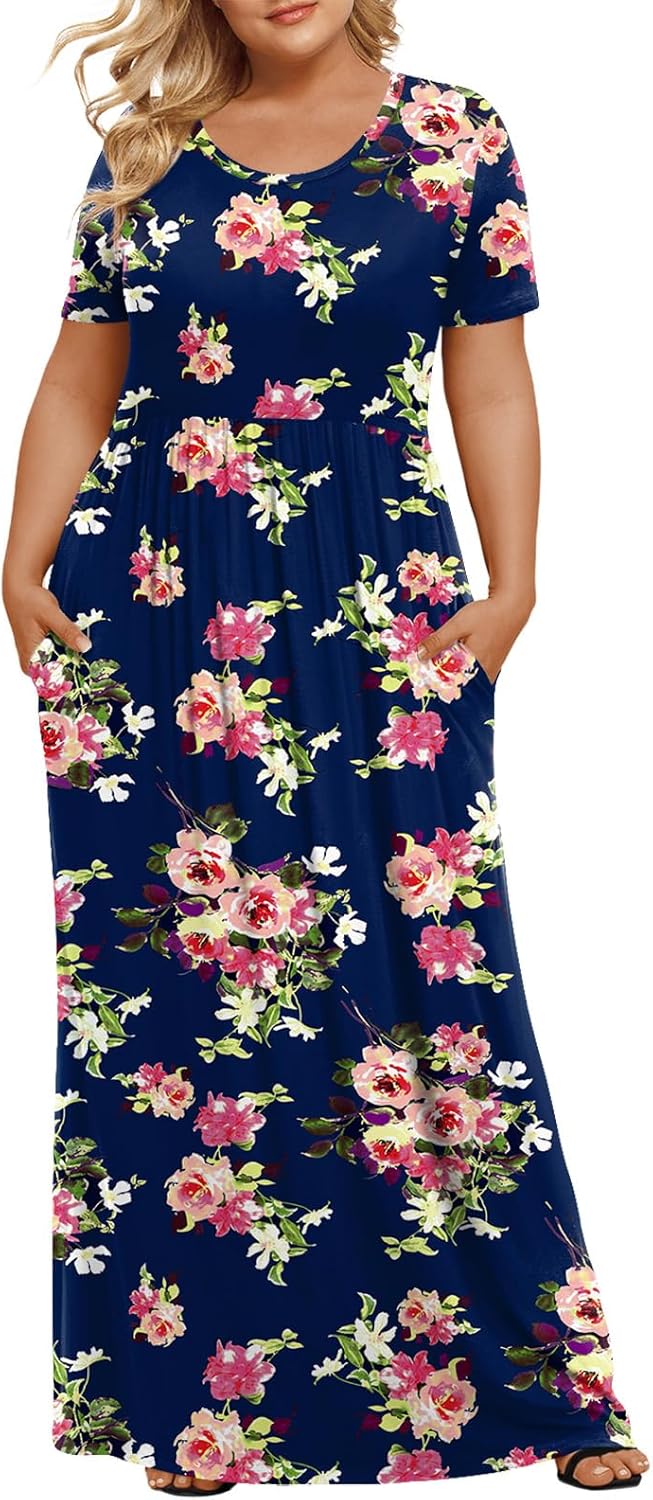LONGYUAN Women's Plus Size Maxi Dresses for Curvy Women Summer Short Sleeve Casual 2025 Long Dress XL-6XL