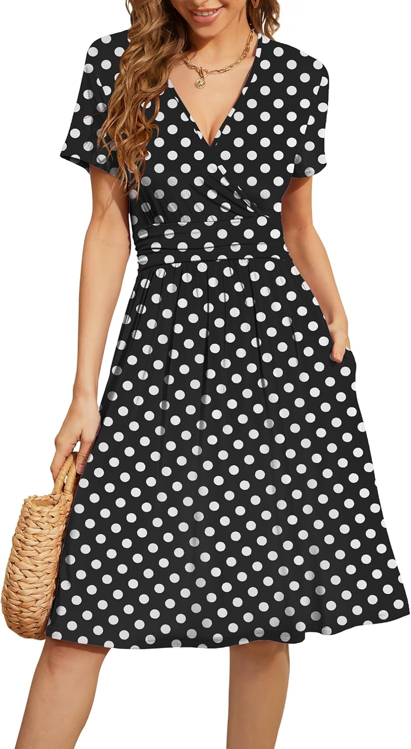 WEACZZY Women's Summer Short Sleeve Casual Dresses V-Neck Floral Party Dress with Pockets