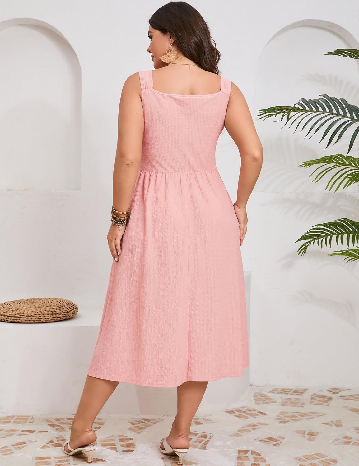 ShopWonder Plus Size Summer Dress for Women Sleeveless Spaghetti Strap V Neck Tie Front A Line Casual Beach Midi Dress