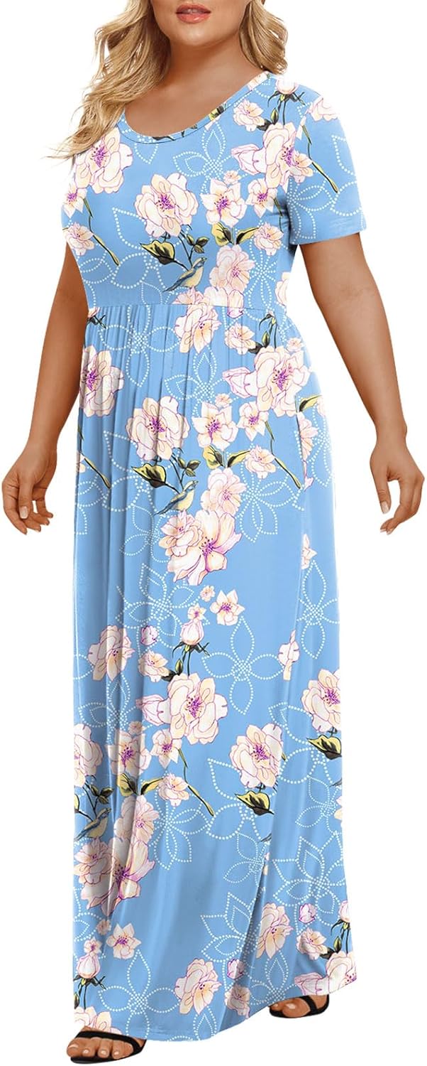 LONGYUAN Women's Plus Size Maxi Dresses for Curvy Women Summer Short Sleeve Casual 2025 Long Dress XL-6XL