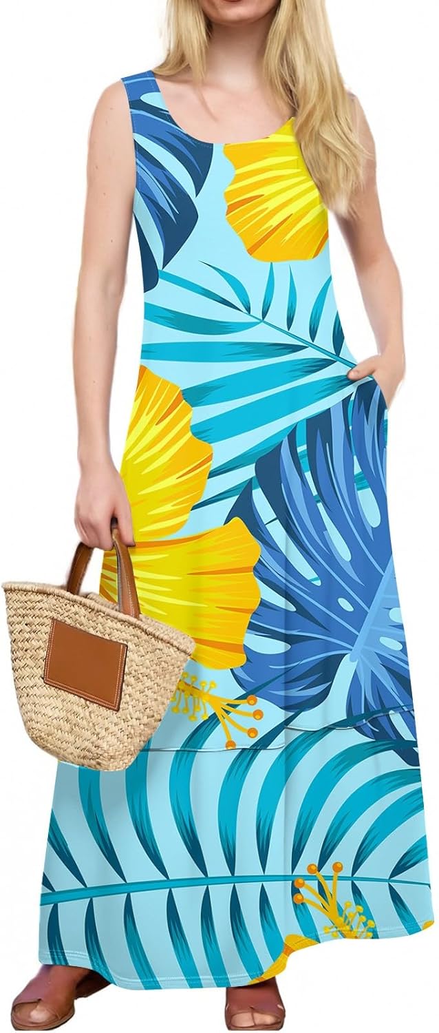 Womens Summer Tank Dress Vacation Boho Floral Long Dresses with Pockets Resort Wear Swing Beach Sleeveless Sundress