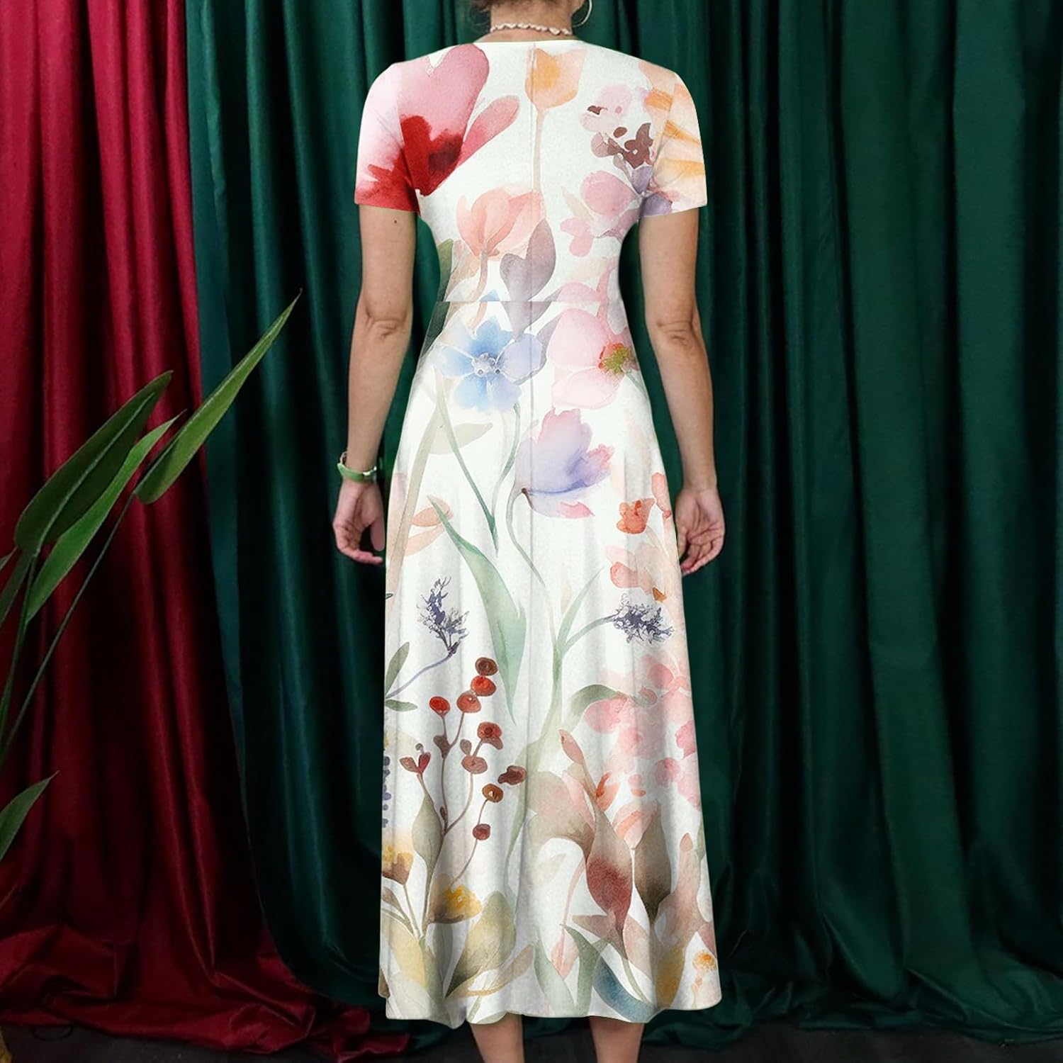 ZEFOTIM Maxi Dress for Women Plus Size Cute Floral Dress Short Sleeve Crew Neck Dresses