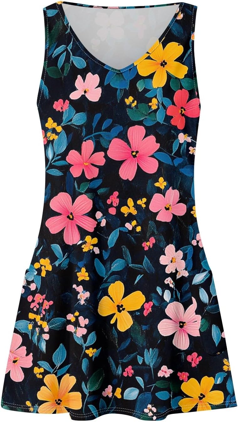 Women's Sleeveless Floral Print Summer Dress Casual V-Neck A-Line Mini Dress for Beach Party and Daily Wear