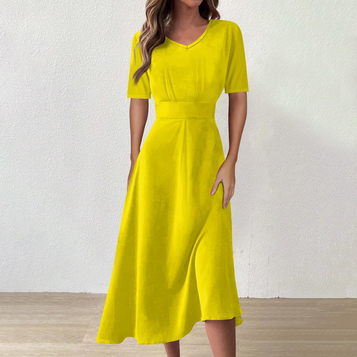 Women's Summer Elegant Cocktail Dress Solid Color Swing V-Neck Party Gown Dresses, S-2XL