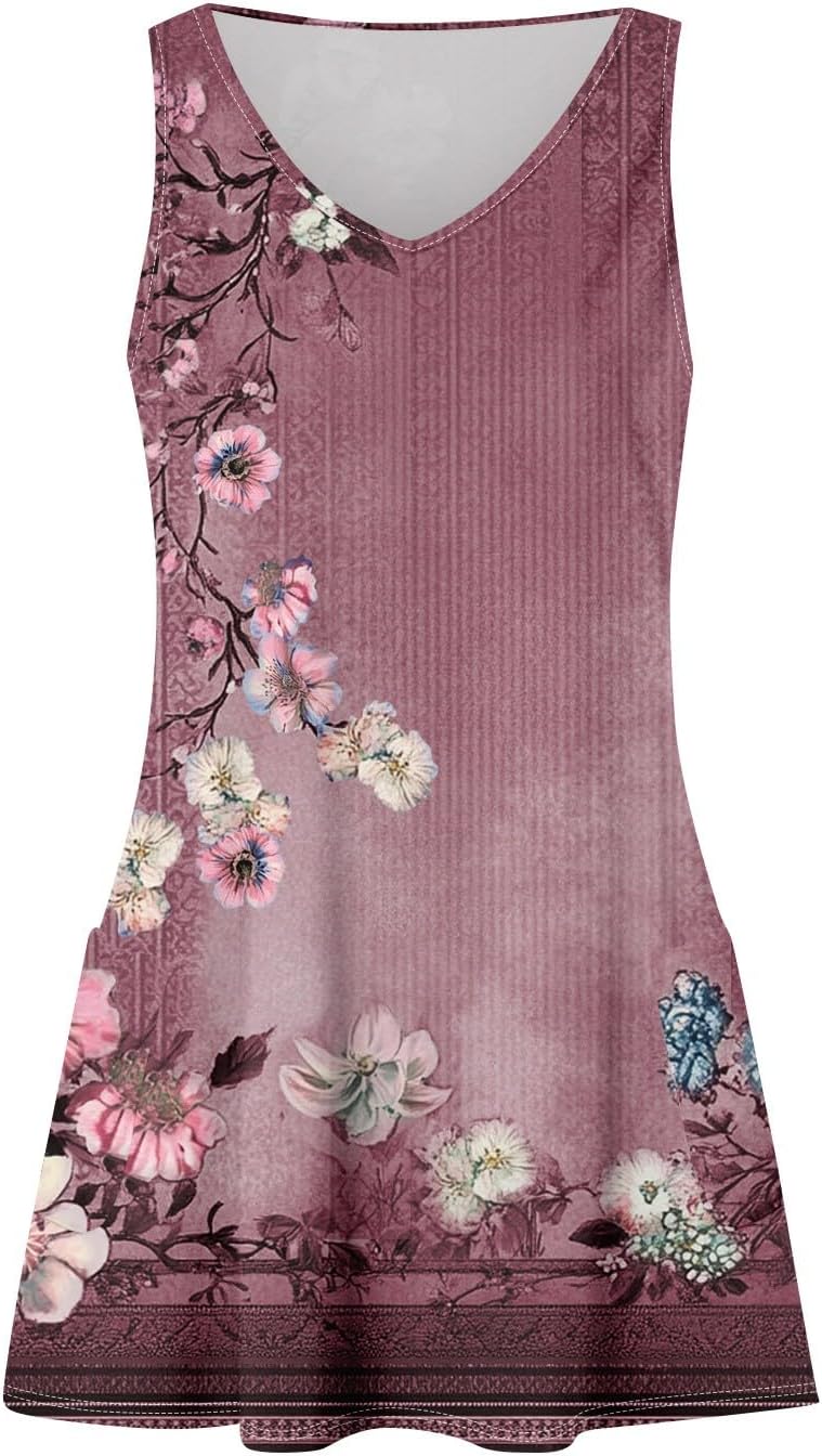 Women's Sleeveless Floral Print Summer Dress Casual V-Neck A-Line Mini Dress for Beach Party and Daily Wear