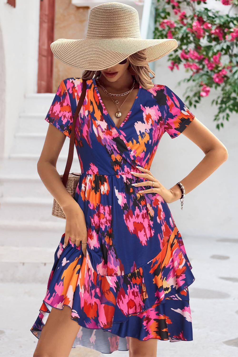 ULTRANICE Womens Summer Dresses Floral V Neck Ruffled Hem Spaghetti Spring Casual Beach Outfits Flowy Wrap Sun Dress