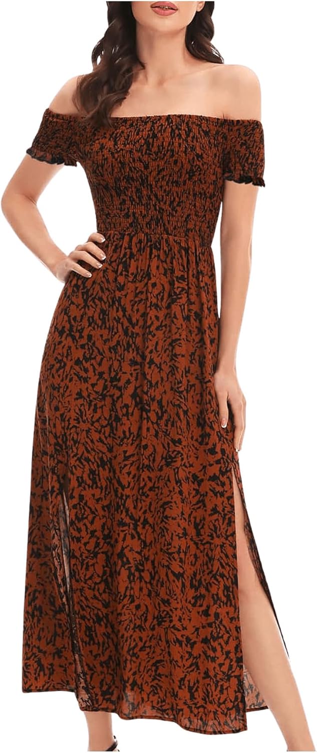 Floerns Women's Boho Floral Print Off Shoulder Split Long A Line Dress
