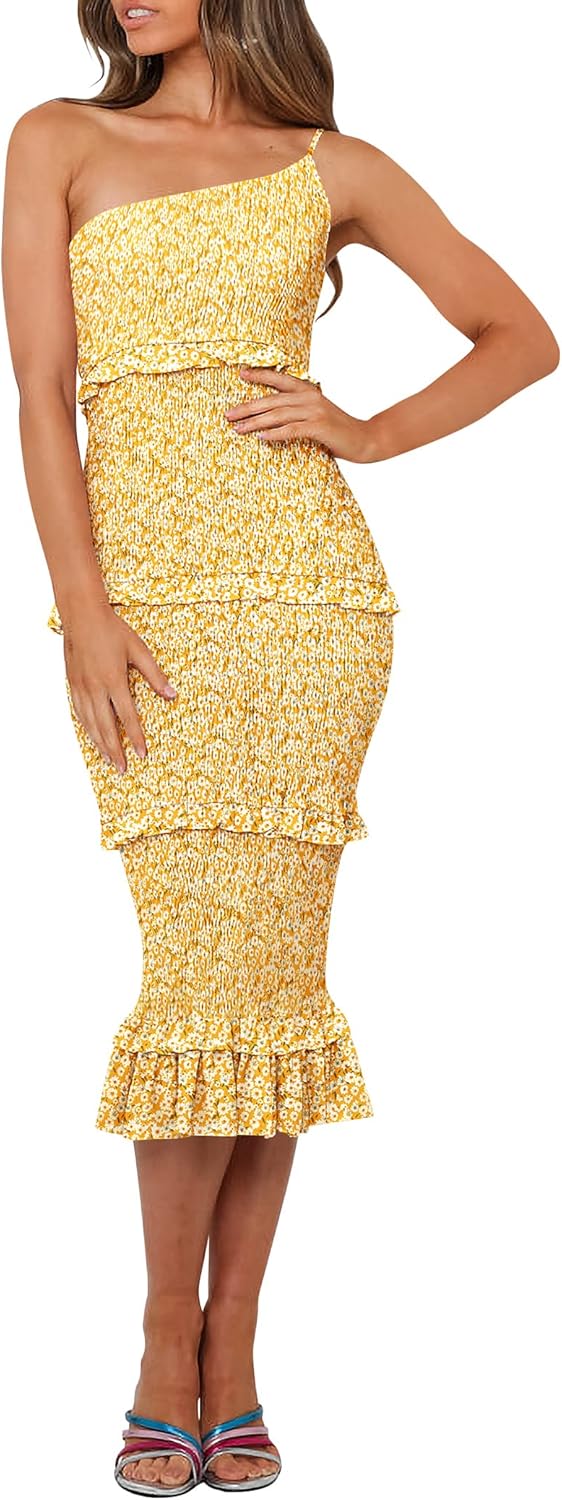PRETTYGARDEN Women's Summer Midi Bodycon Dresses One Shoulder Strappy Tiered Ruffle Floral Boho Sun Dress