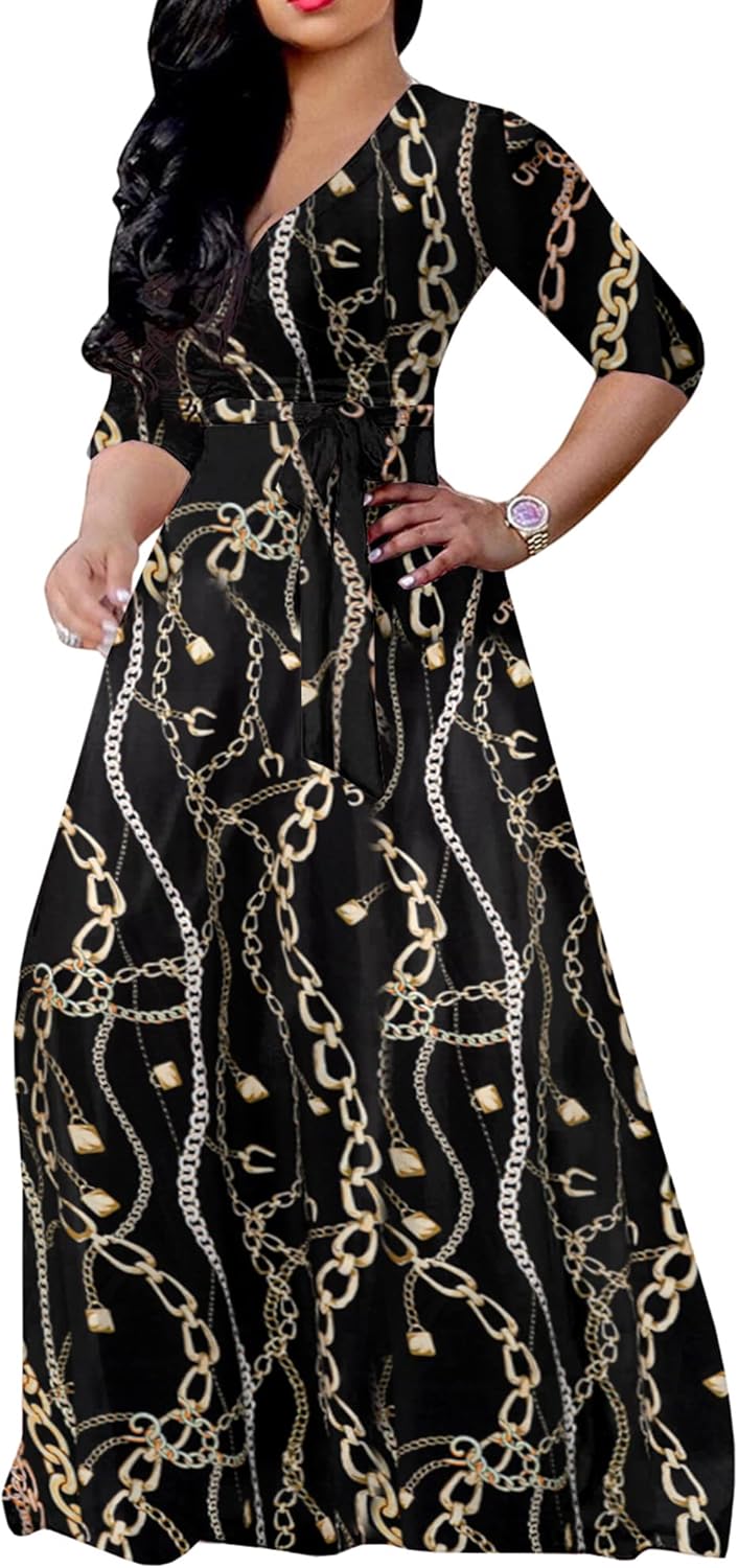 FANDEE Plus Size Maxi Dress for Women Casual Summer Sundress V-Neck 3/4 Sleeve