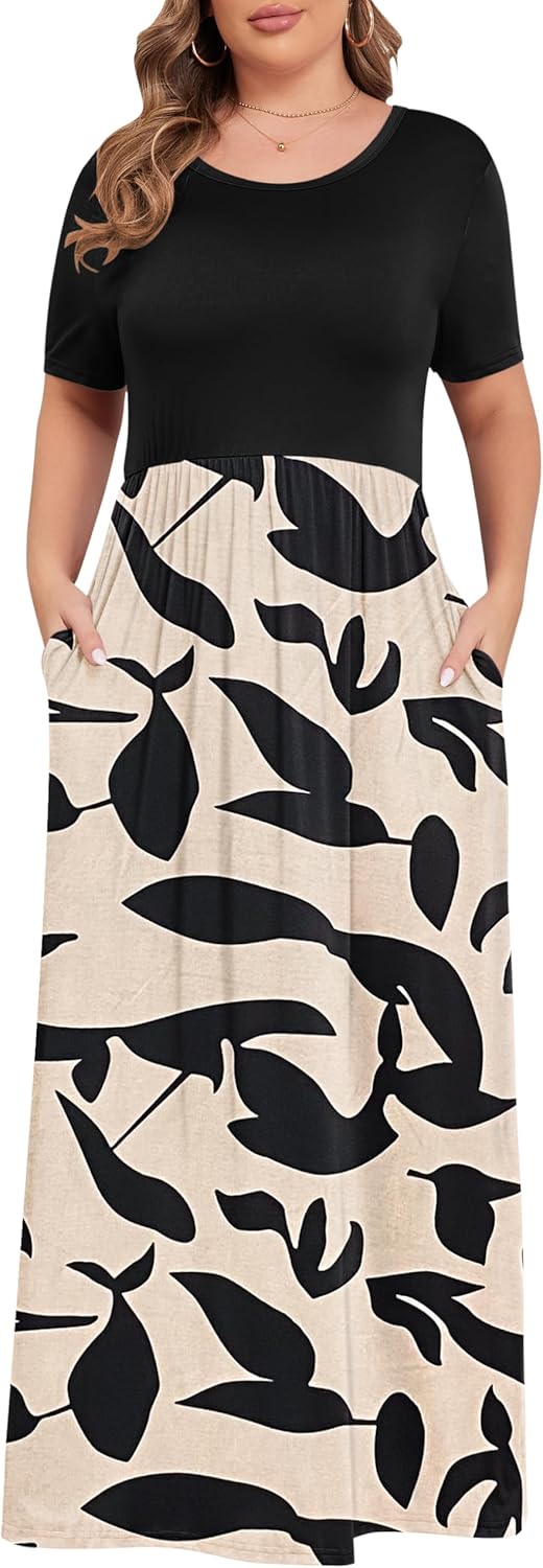 KARALIN Women’s Plus Size Maxi Dresses for Curvy Women Summer Casual Short Sleeve 2025 Long Dress 14W-26W