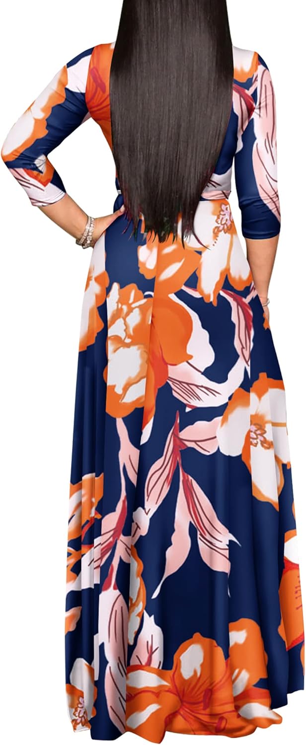 FANDEE Plus Size Maxi Dress for Women Casual Summer Sundress V-Neck 3/4 Sleeve