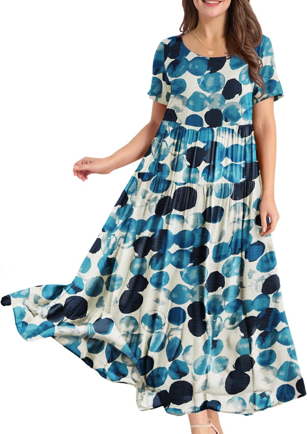 YESNO Women Casual Loose Bohemian Floral Dress with Pockets Short Sleeve Long Maxi Summer Beach Swing Dress EJF
