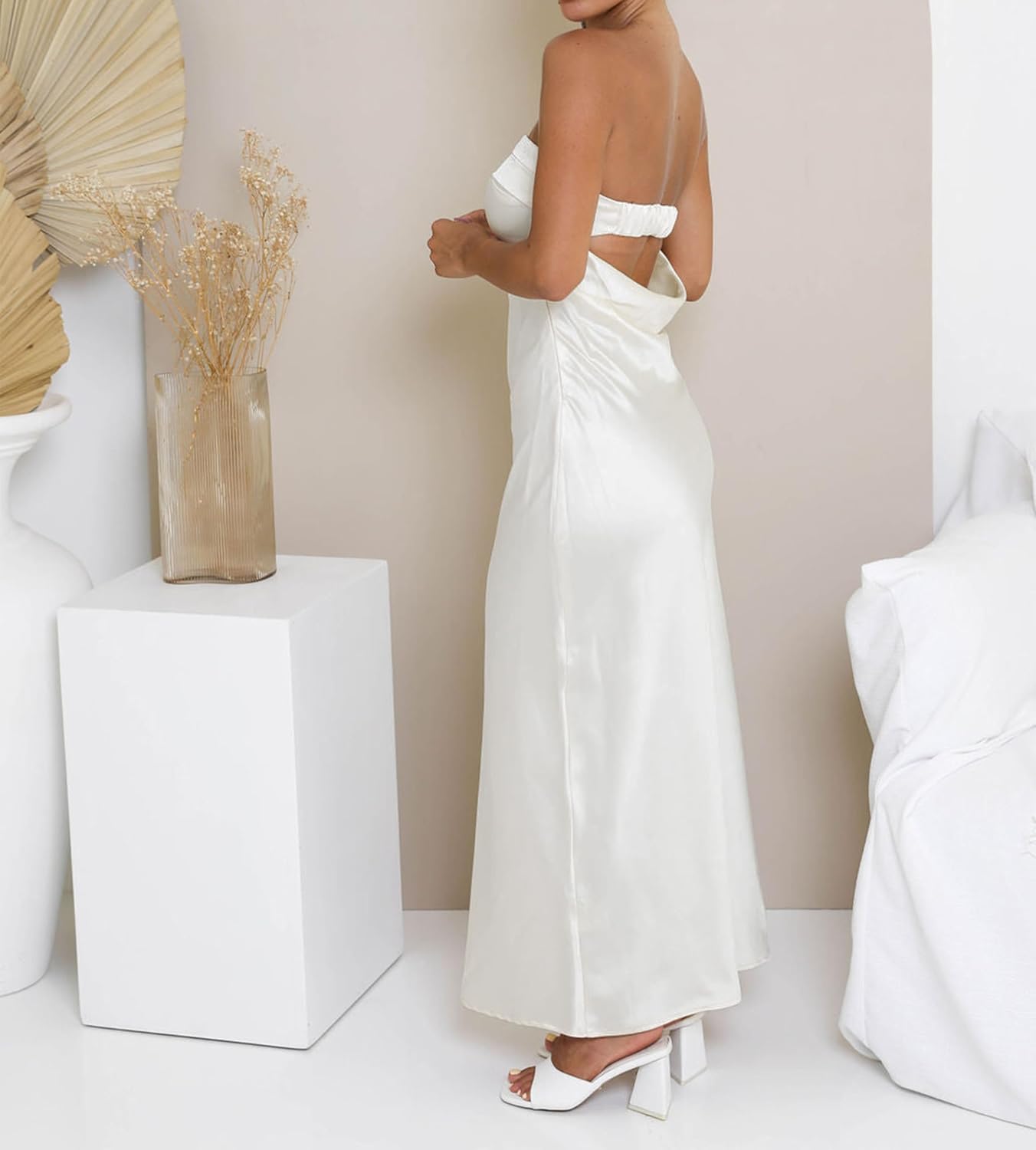 MEROKEETY Women 2025 Summer Strapless Satin Tube Bodycon Backless Wedding Guest Maxi Dress