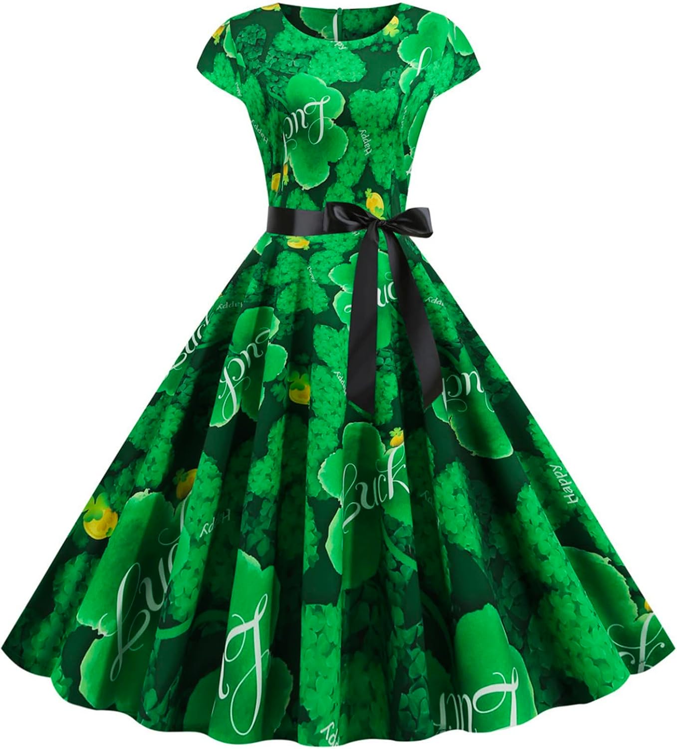 aihihe St Patricks Day Dress for Women A Line Pleated Hepburn Dress Lukcy Shamrock Print Irish Dress 2024 Vintage Dress