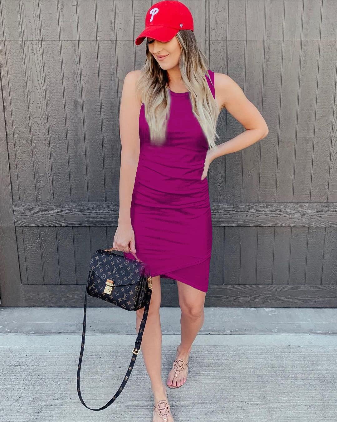 BTFBM Women 2025 Summer Sleeveless Tank Dresses Crew Neck Slim Fit Short Casual Ruched Bodycon Party Club Mini Dress