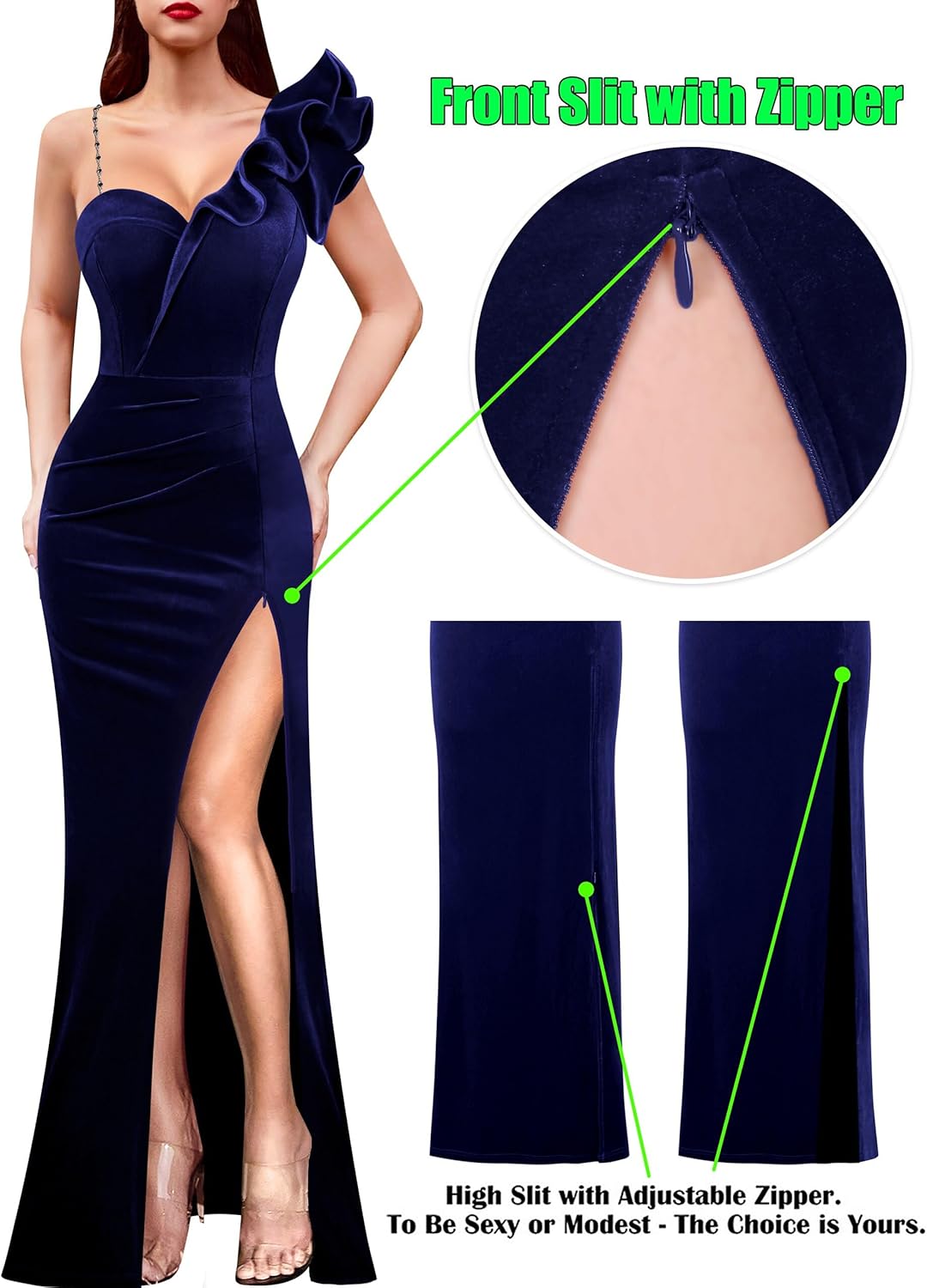 VFSHOW Womens Ruffle One Shoulder Strap Ruched Formal Prom Wedding Maxi Dress V Neck Elegant Split Cocktail Evening Long Gown