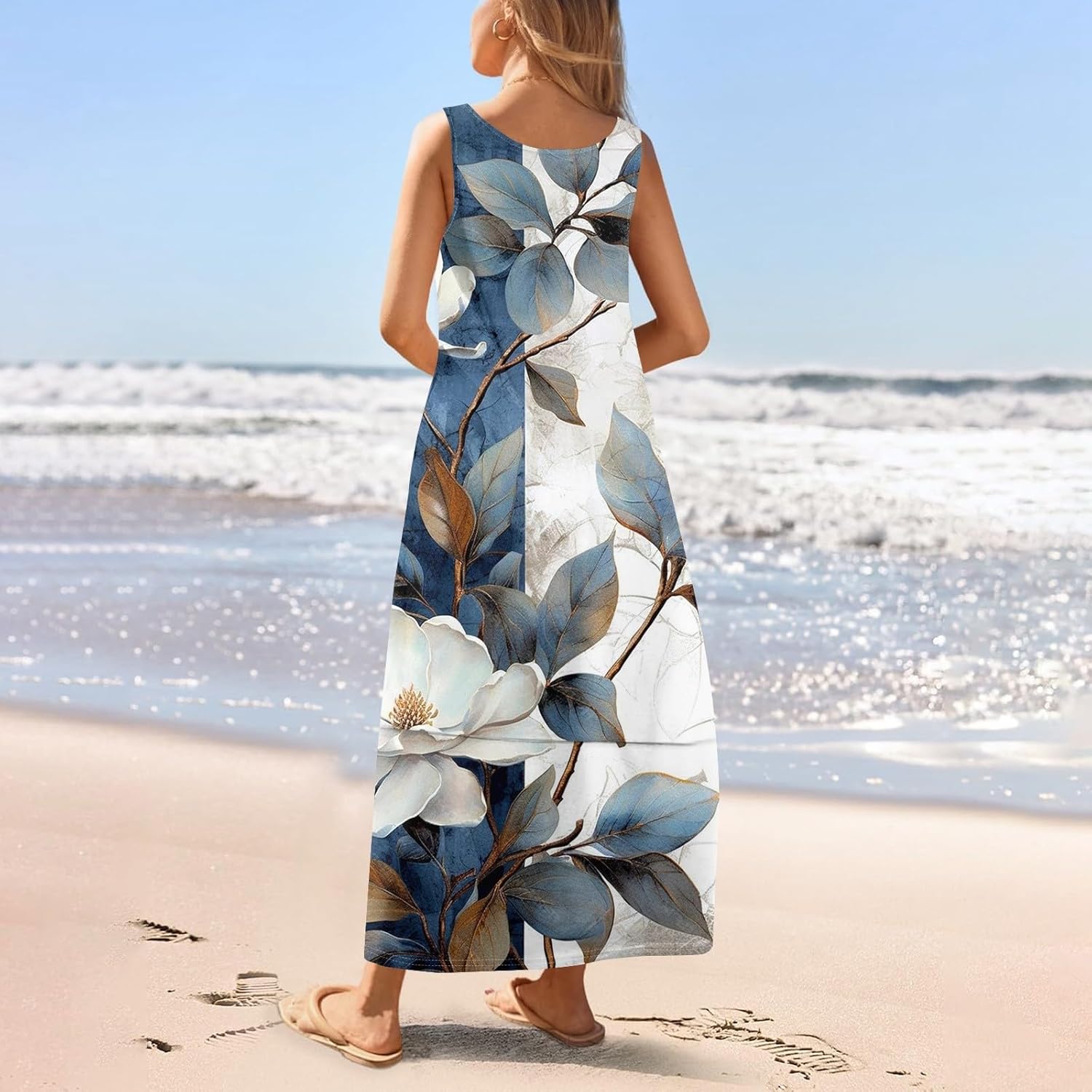 Womens Summer Tank Dress Vacation Boho Floral Long Dresses with Pockets Resort Wear Swing Beach Sleeveless Sundress