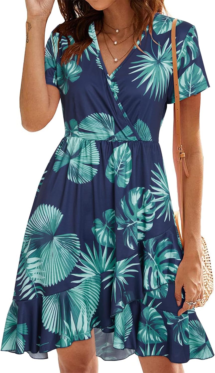 ULTRANICE Womens Summer Dresses Floral V Neck Ruffled Hem Spaghetti Spring Casual Beach Outfits Flowy Wrap Sun Dress