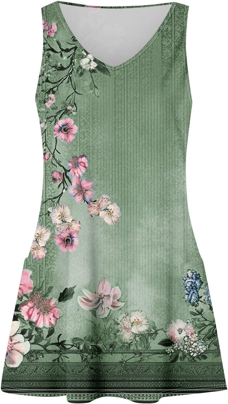 Women's Sleeveless Floral Print Summer Dress Casual V-Neck A-Line Mini Dress for Beach Party and Daily Wear