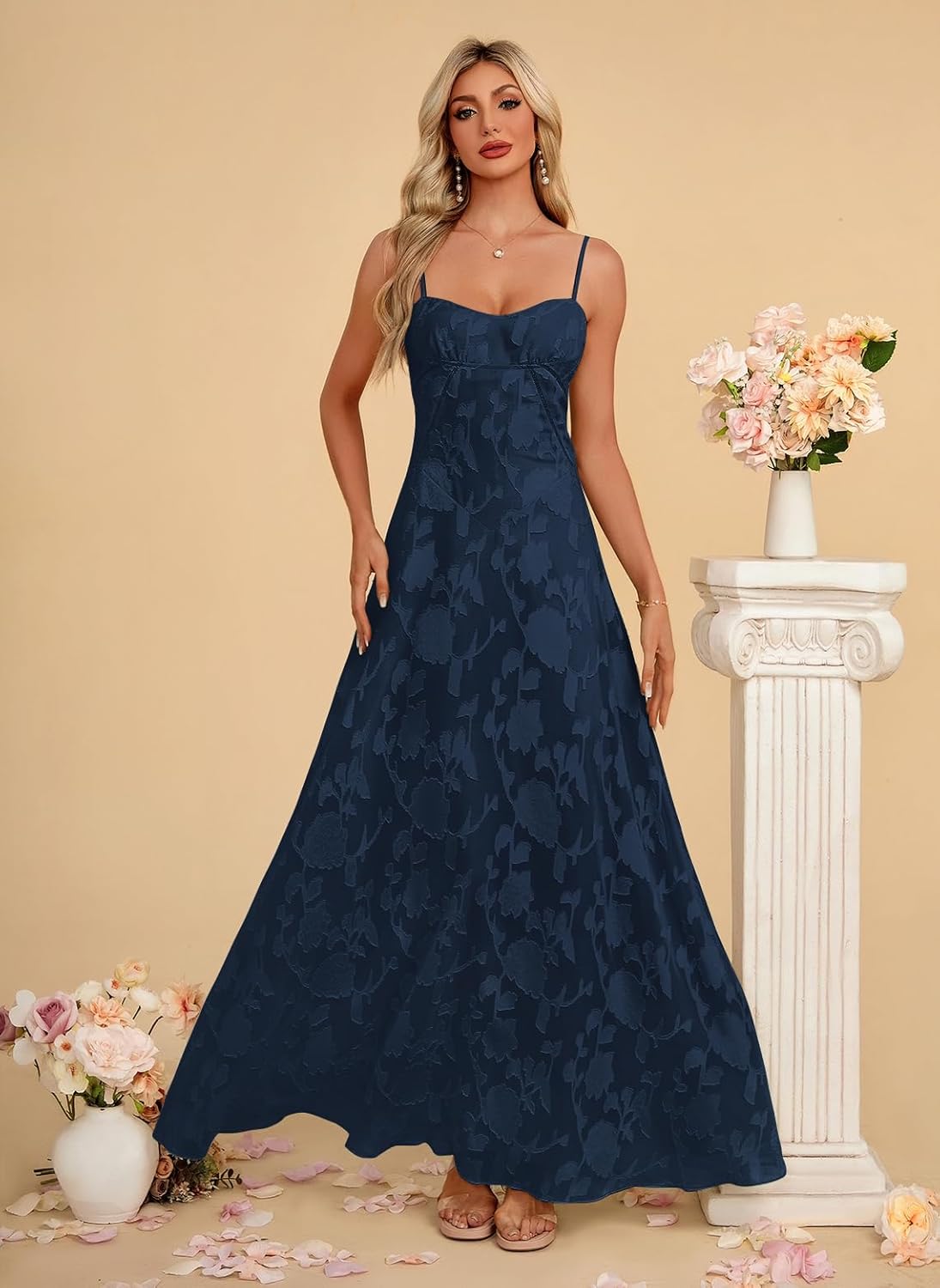 Women's Elegant Wedding Guest Dress Spaghetti Straps Floral Sleeveless Formal Dress Maxi Gown