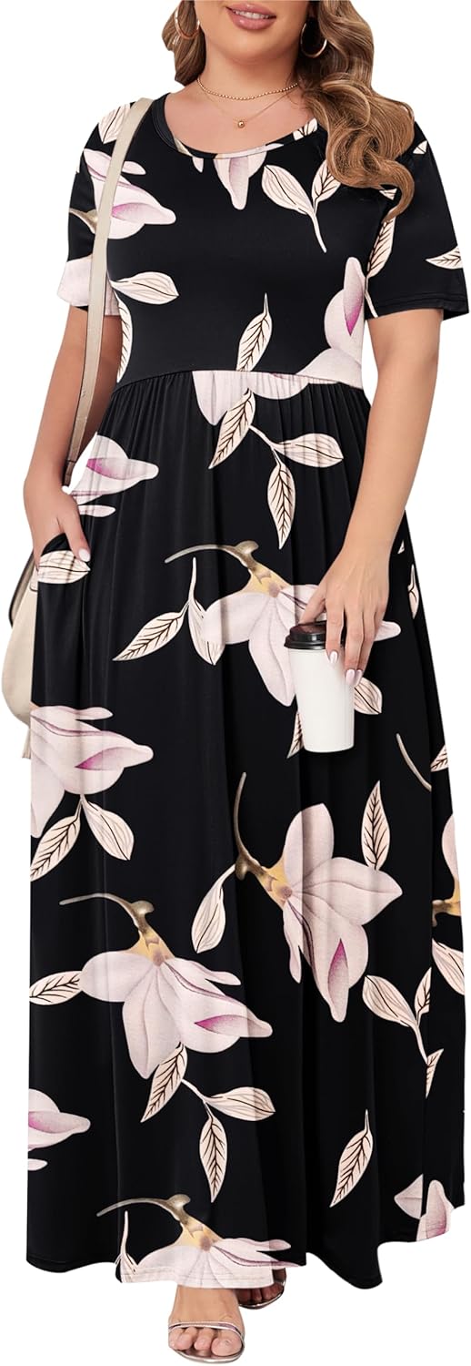 KARALIN Women’s Plus Size Maxi Dresses for Curvy Women Summer Casual Short Sleeve 2025 Long Dress 14W-26W