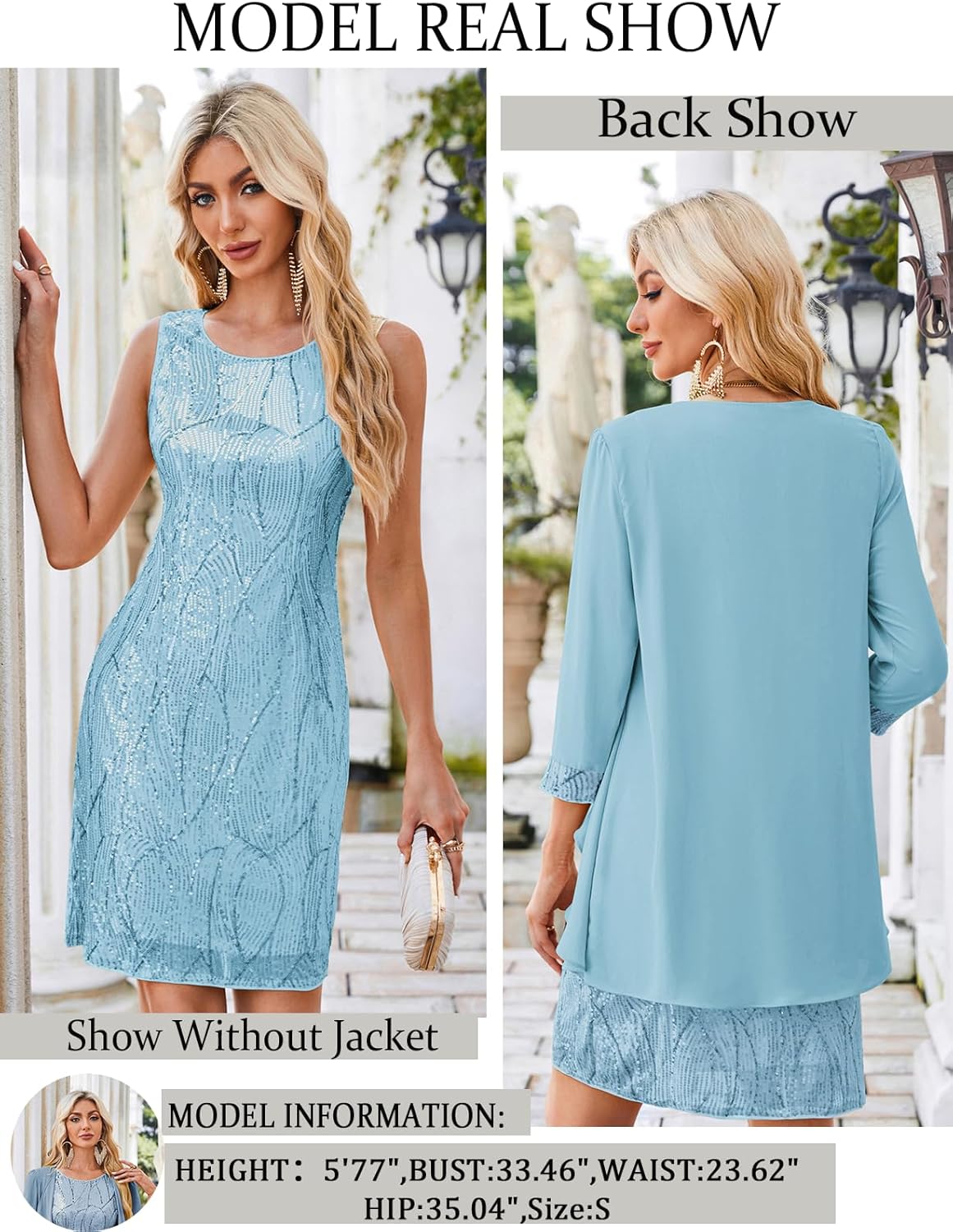 GRACE KARIN Sequin Dress for Women Knee Length Mother of the Bride Dresses Formal Dress Two Piece Dress with Chiffon Jacket