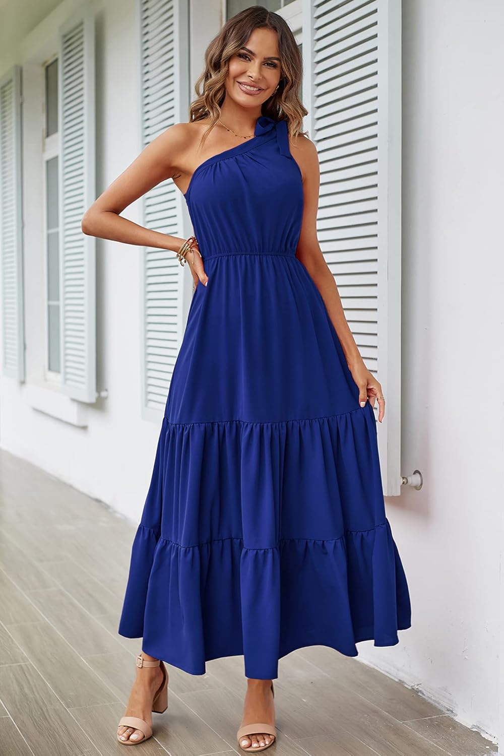 PRETTYGARDEN Women's Summer Floral Maxi Dress Knot One Shoulder Sleeveless Ruffle Flowy Boho Beach Wedding Guest Dresses