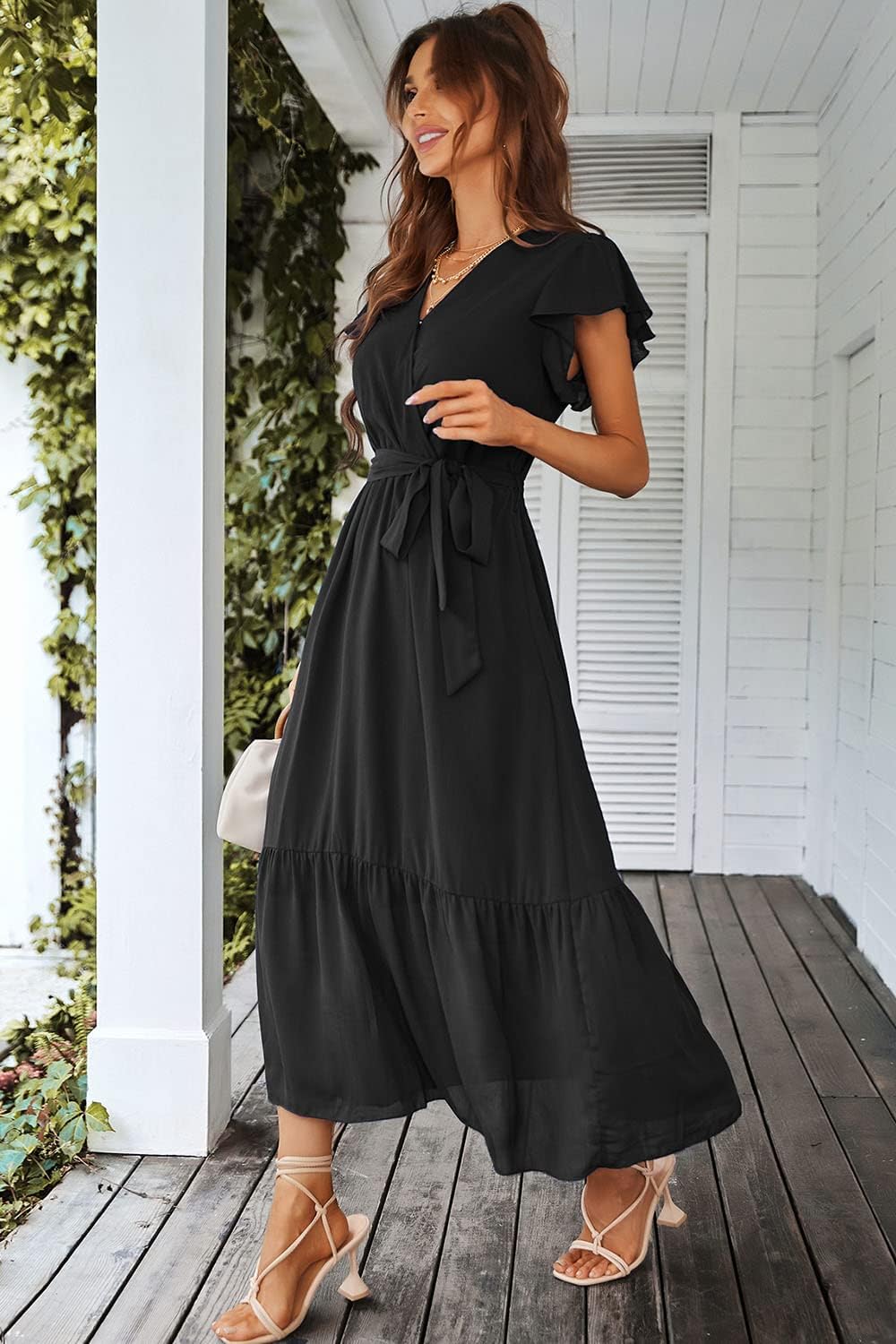 PRETTYGARDEN Women's Summer Floral Boho Dress Wrap V Neck Short Sleeve Ruffle A-Line Flowy Maxi Wedding Guest Dresses