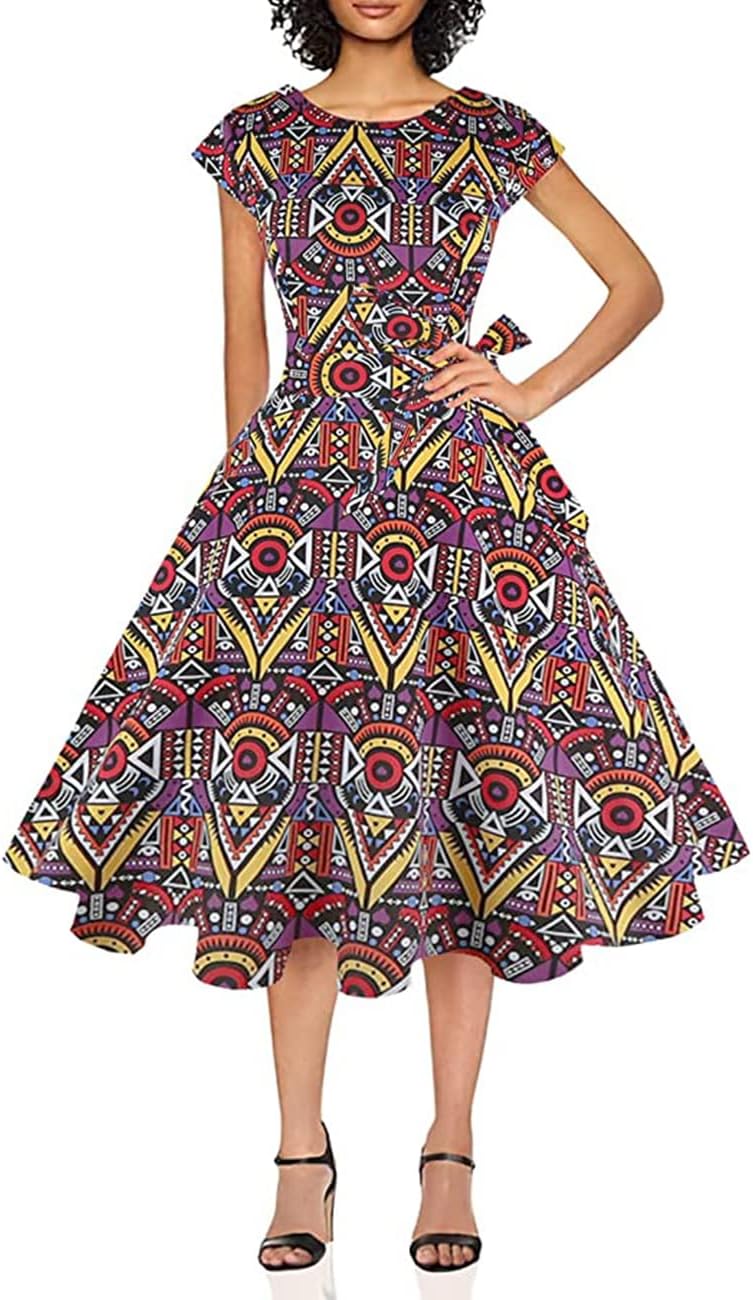 PUKAVT Women's 1950 Boatneck Cap Sleeve Vintage Swing Cocktail Party Dress with Pockets