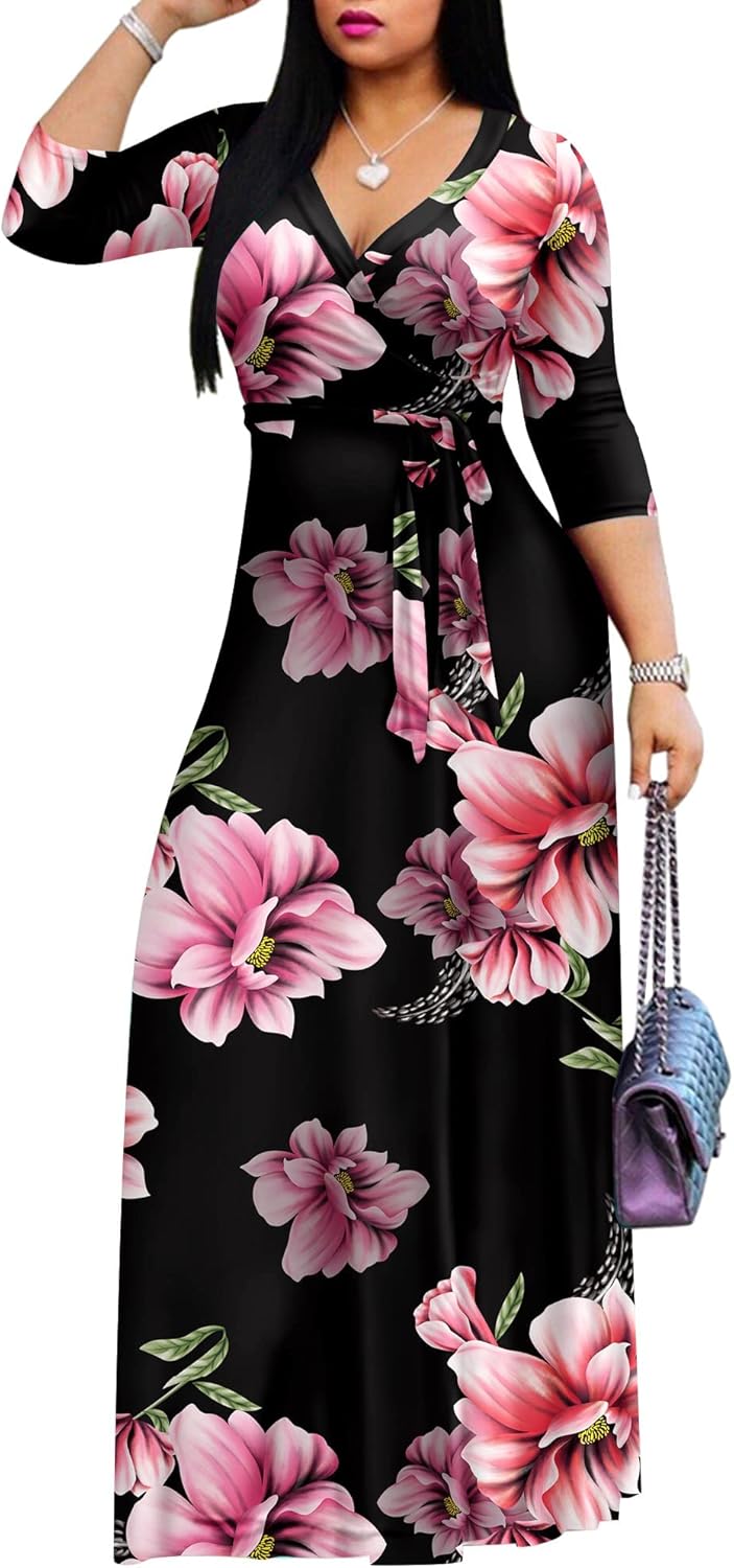 FANDEE Plus Size Maxi Dress for Women Casual Summer Sundress V-Neck 3/4 Sleeve