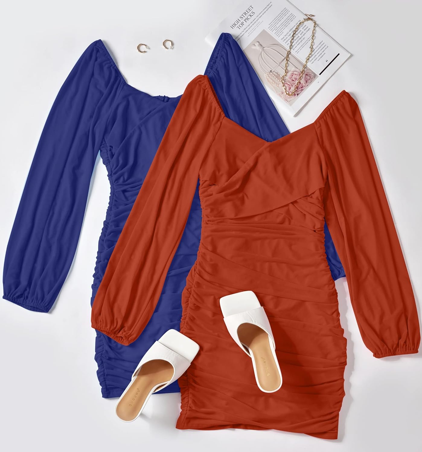 ZESICA Women's Sexy V Neck Ruched Bodycon Mini Dress Puff Long Sleeve Cocktail Wedding Party Short Dresses