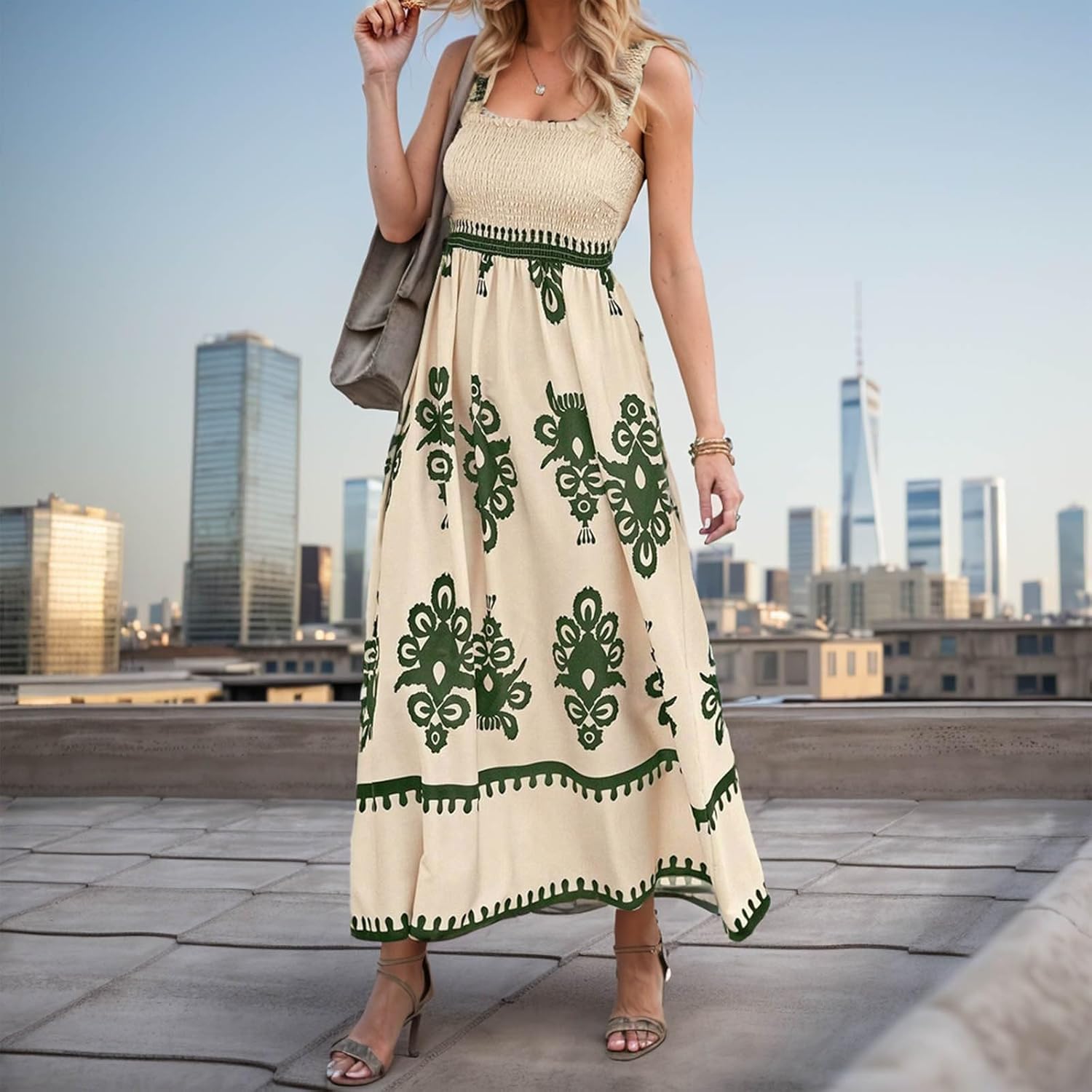 Women's Summer Dresses Sleeveless Casual Boho Maxi Long Dress Square Neck Smocked Floral Beach Vacation Sundresses 3