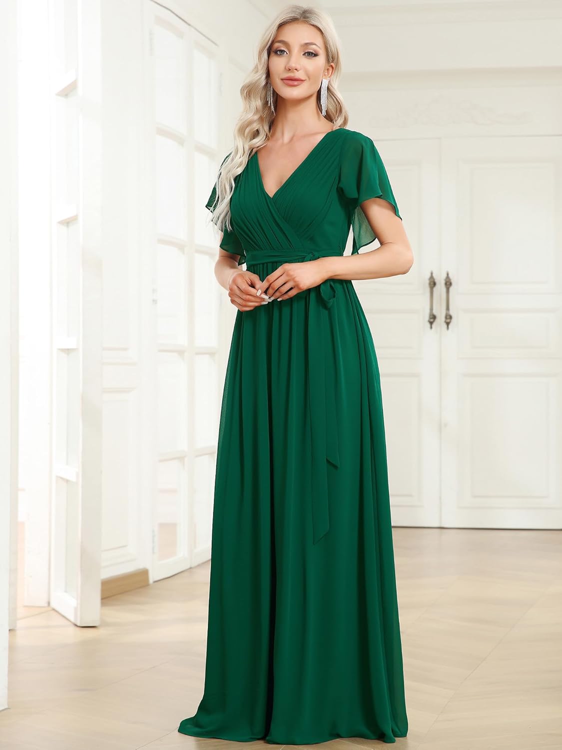 Ever-Pretty Women's Bridesmaid Dress V-Neck Ruffle Sleeves Ruched Bust Floor Length Chiffon Formal Dresses 0164A