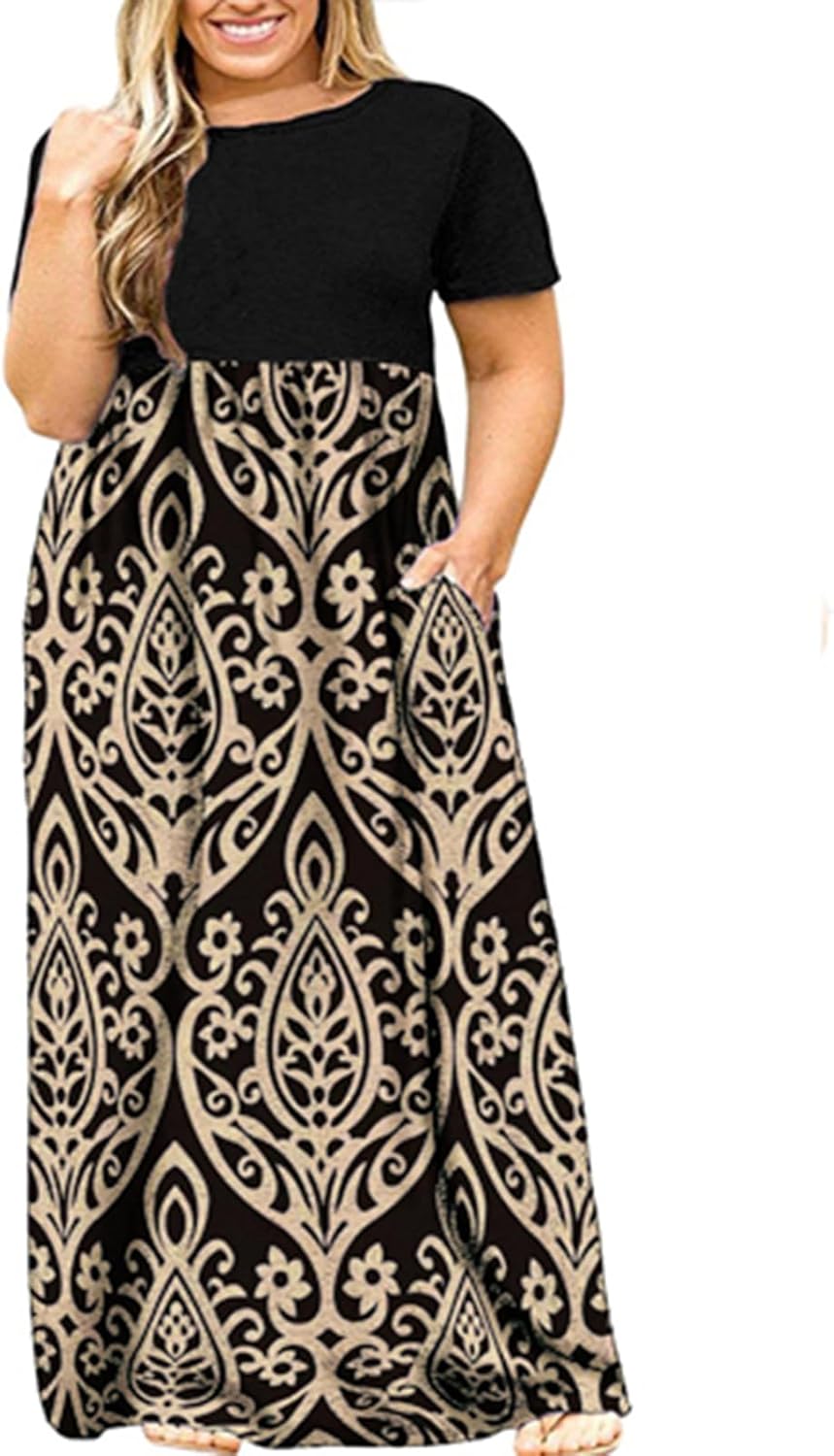 Kancystore Women's Short Sleeve Plus Size Maxi Dress with Pockets Loose Casual Summer Dresses