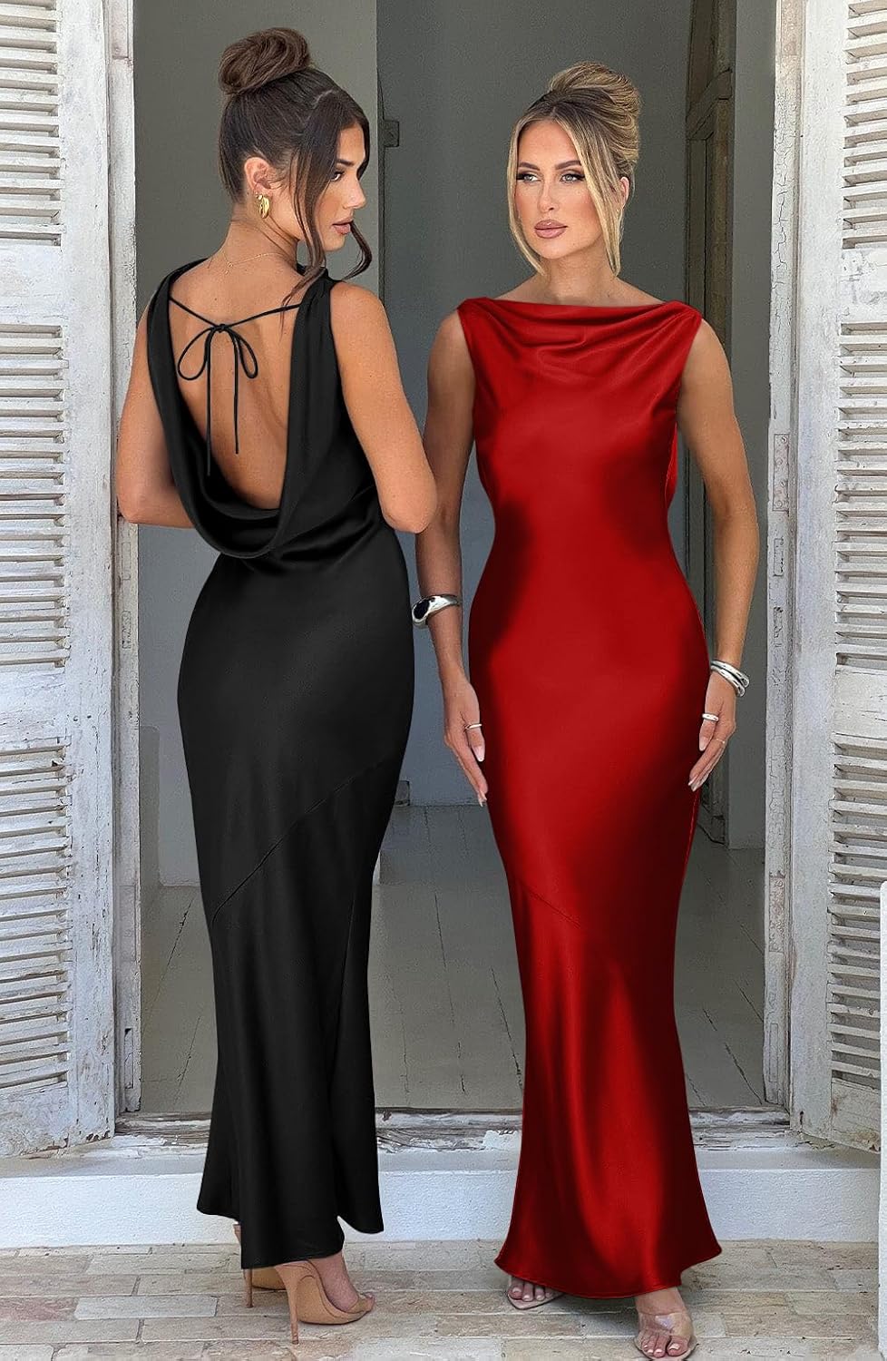 Memoriesea Women's Satin Elegant Sleeveless High Neck Tie Cocktail Party Maxi Dress