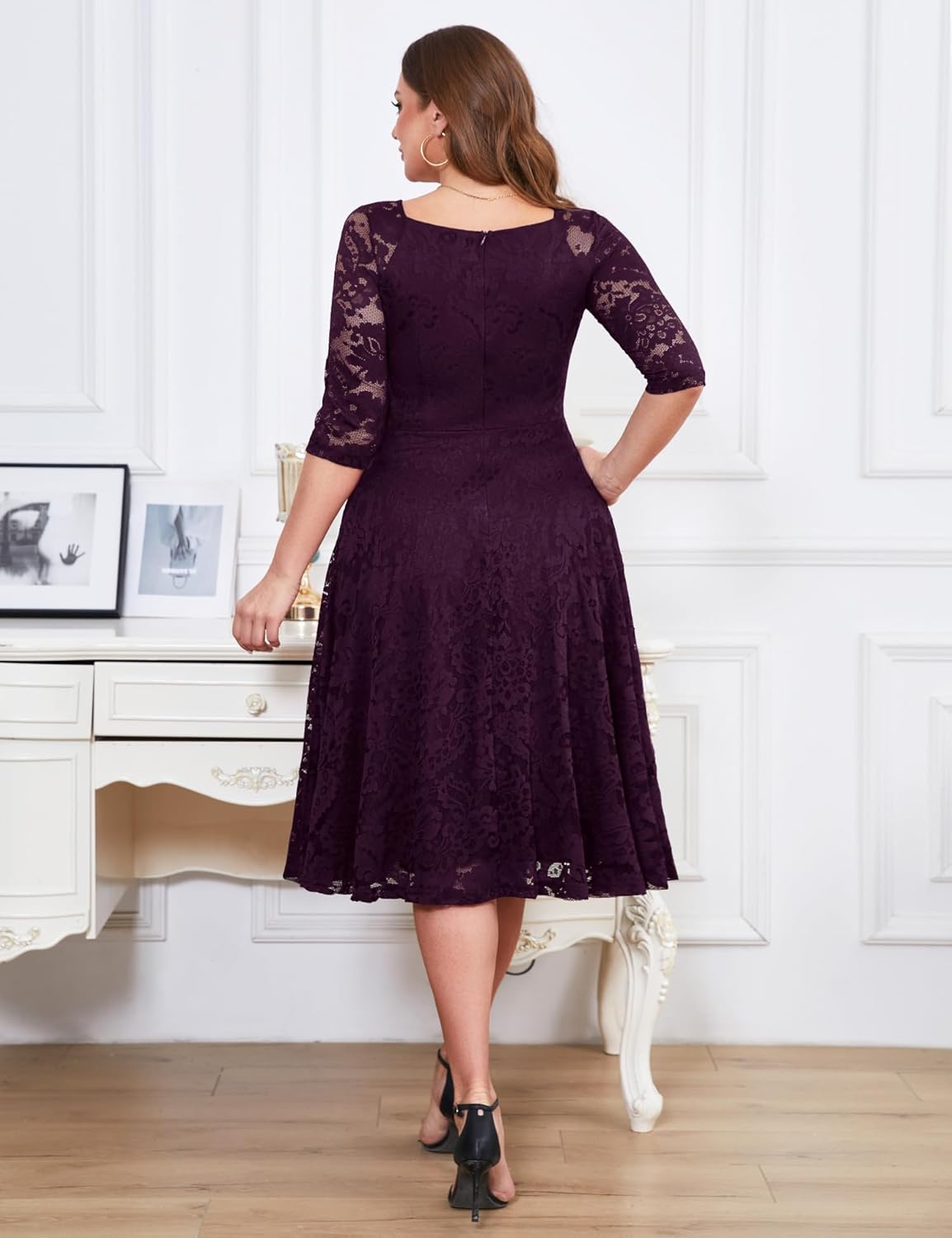 Dressystar Womens Long-Sleeve Wedding Guest Dress A-Line Lace Formal Party Cocktail Midi Dress Prom Gown