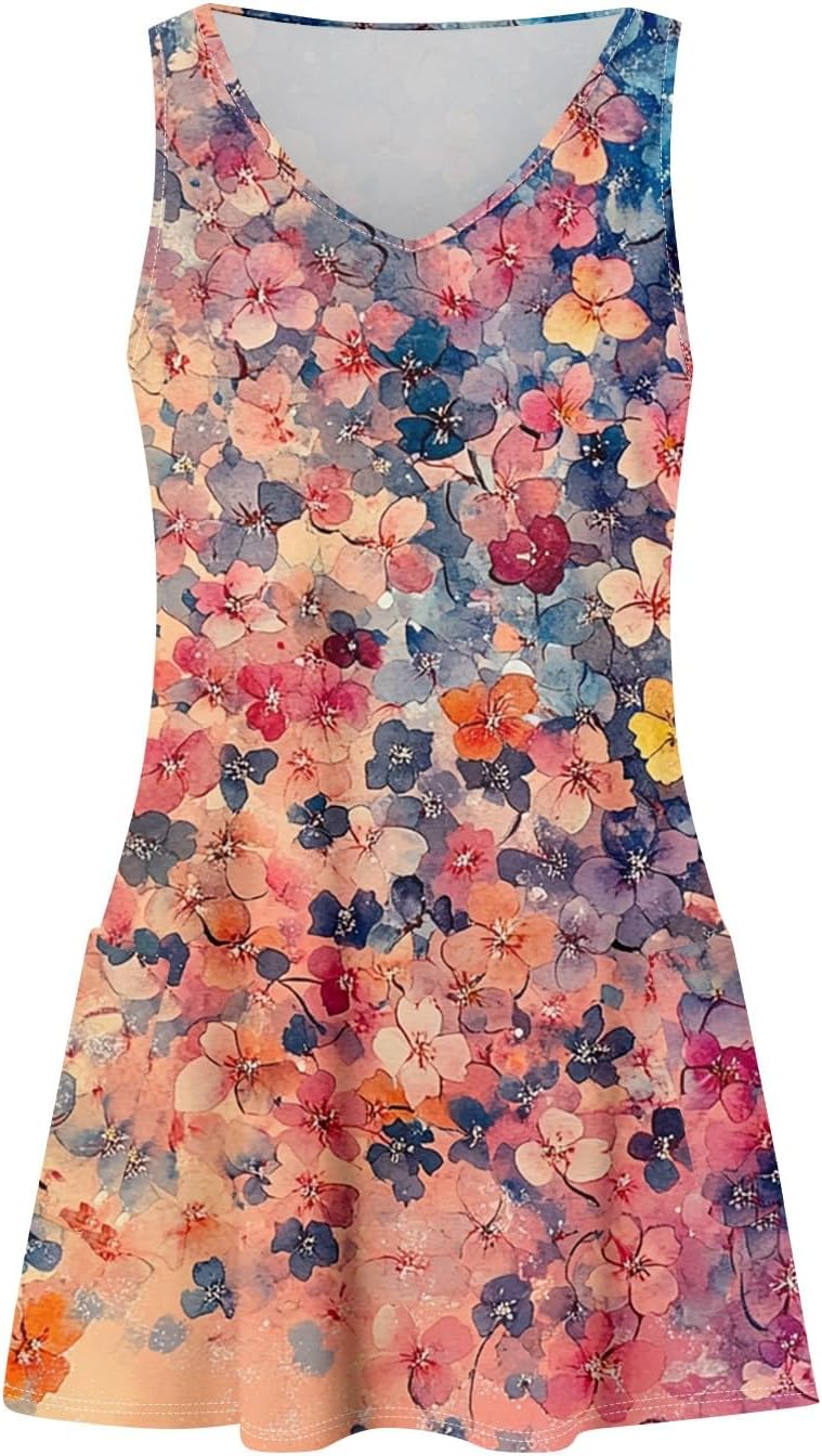 Women's Sleeveless Floral Print Summer Dress Casual V-Neck A-Line Mini Dress for Beach Party and Daily Wear