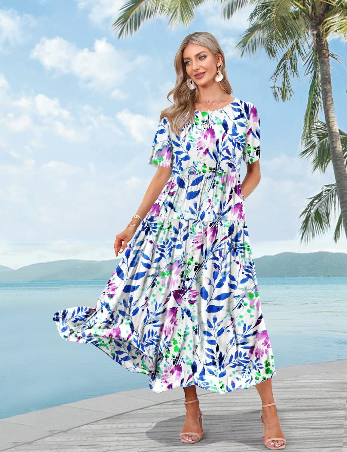 YESNO Women Casual Loose Bohemian Floral Dress with Pockets Short Sleeve Long Maxi Summer Beach Swing Dress EJF