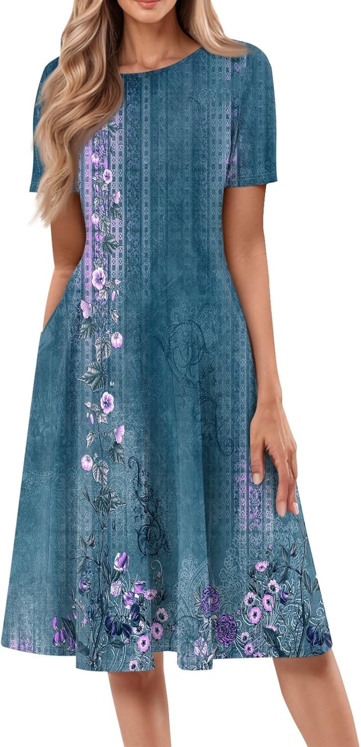 Summer Dresses for Women 2025 Crew Neck Short Sleeve Boho Beach Vacation Floral/Solid Midi Sundresses with Pockets