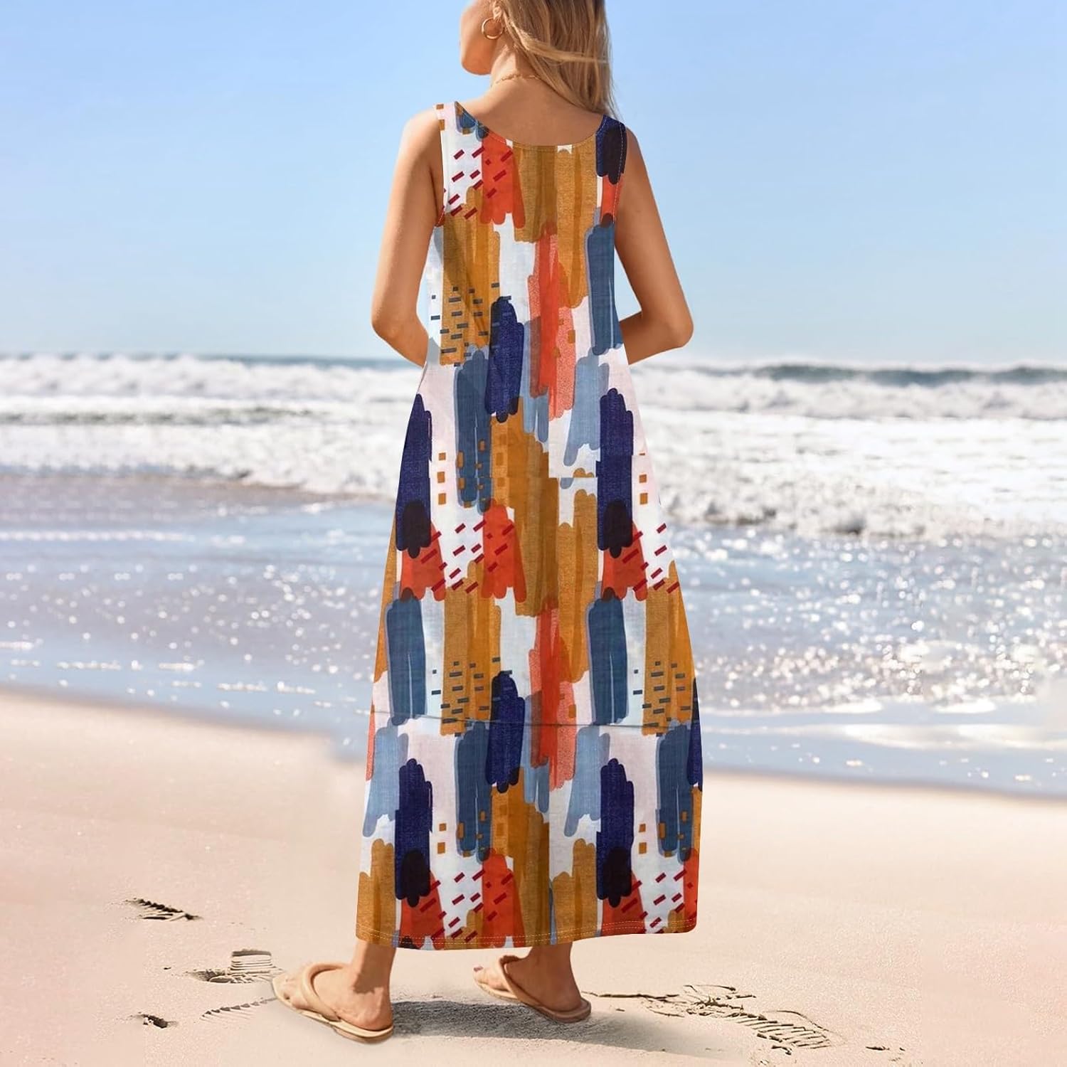 Womens Summer Tank Dress Vacation Boho Floral Long Dresses with Pockets Resort Wear Swing Beach Sleeveless Sundress